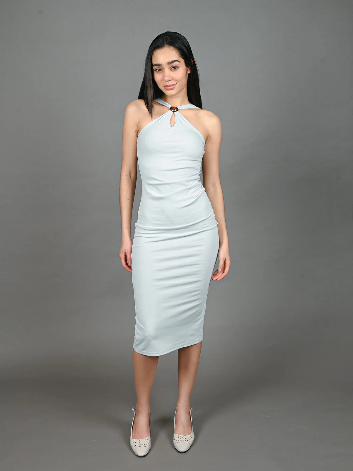 Odette Blue Cotton Rib Solid Dress For Women - Image 2