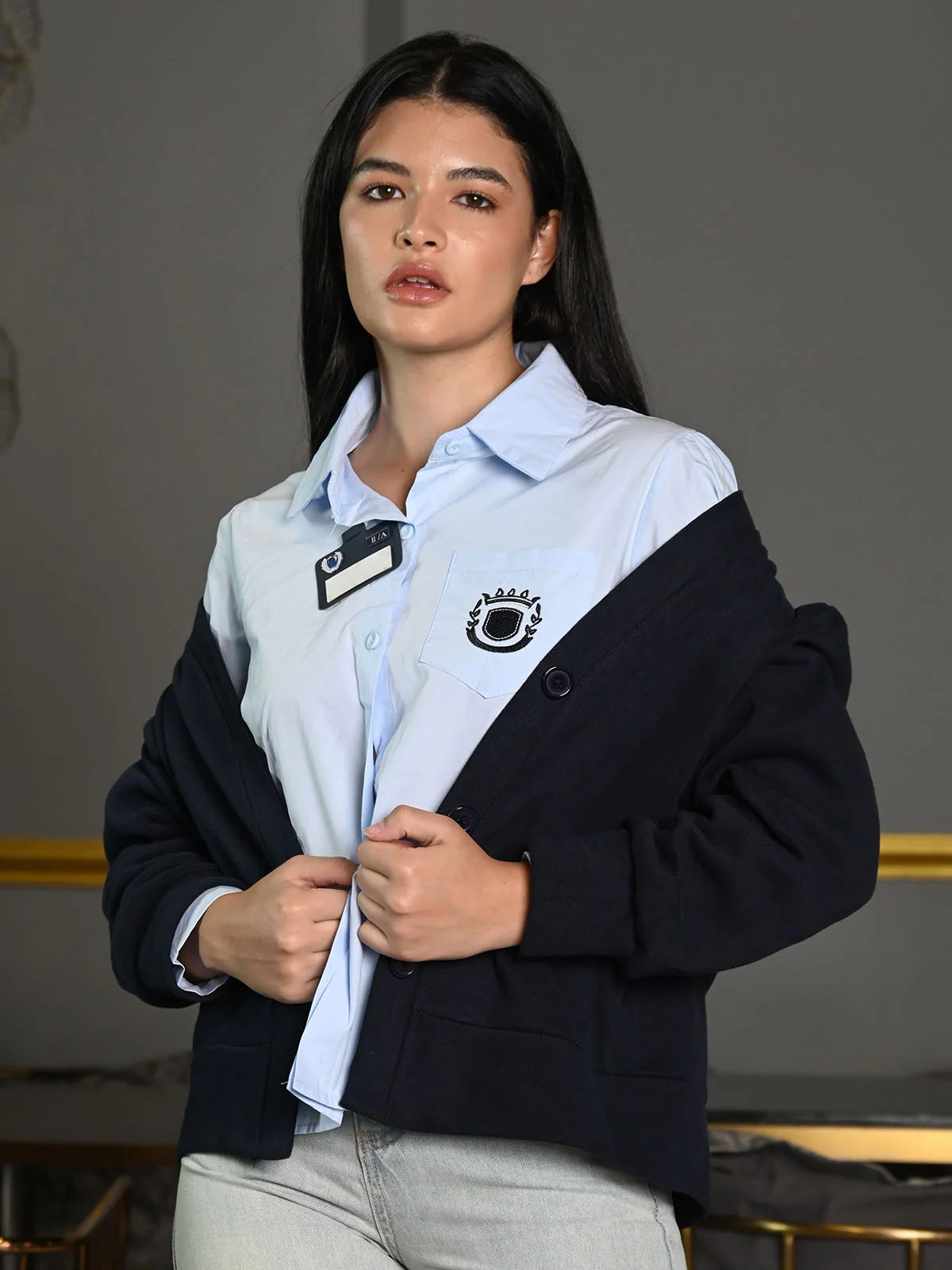 Odette Blue Cotton Shirt With Jersey Coat Top For Women - Image 3