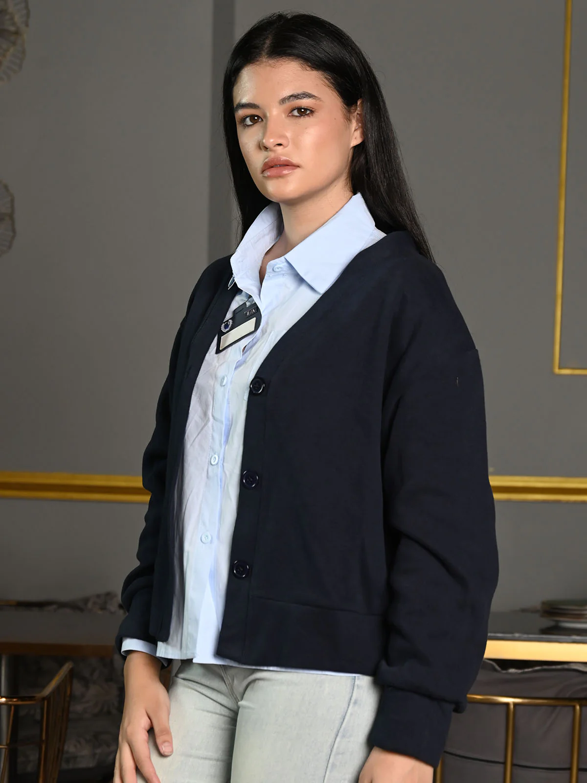 Odette Blue Cotton Shirt With Jersey Coat Top For Women - Image 4