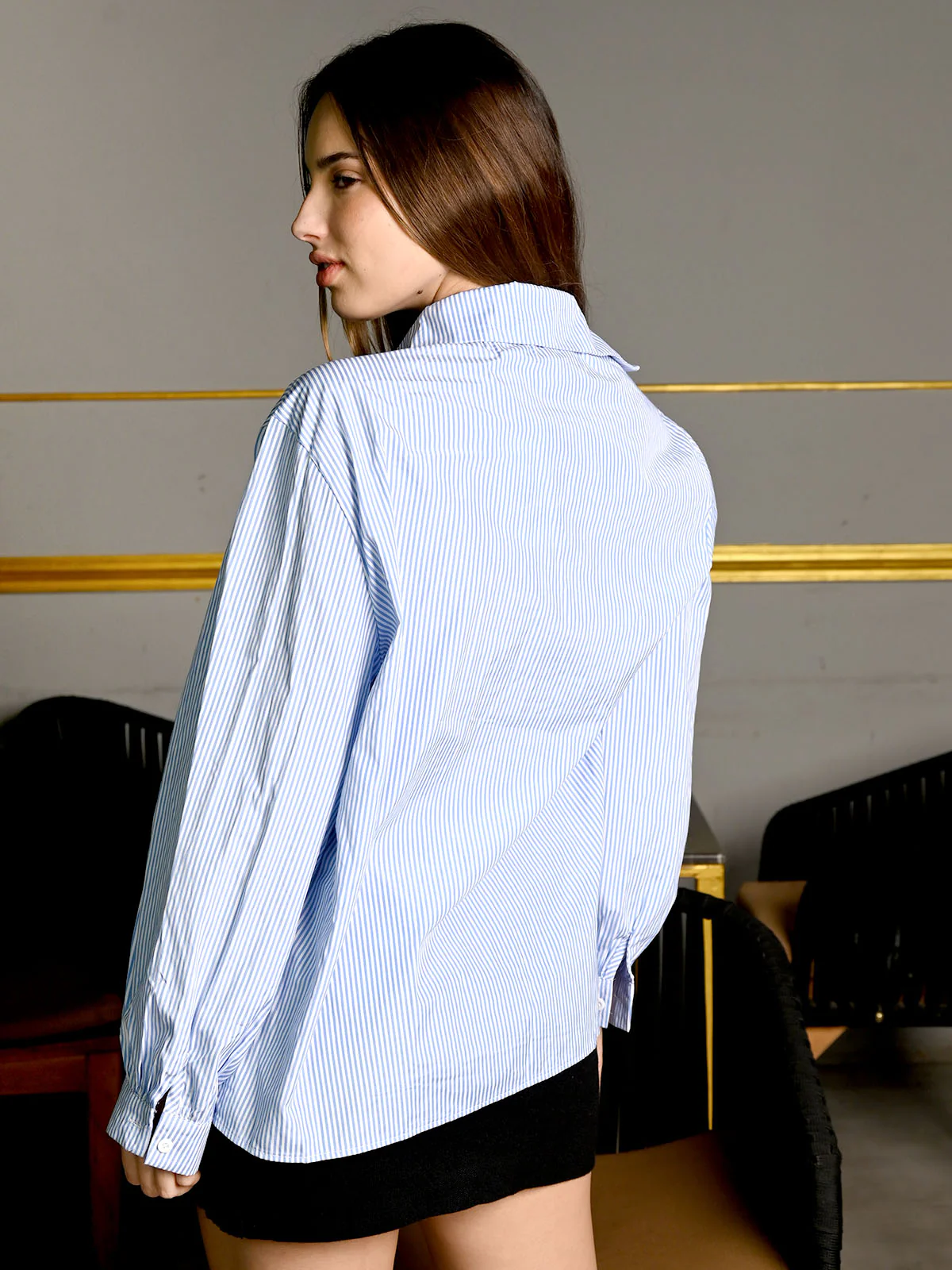 Odette Blue Cotton Stripes Embellished Shirt For Women - Image 4