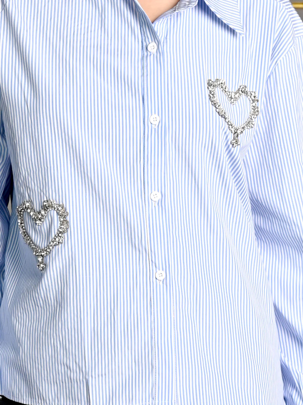 Odette Blue Cotton Stripes Embellished Shirt For Women - Image 5