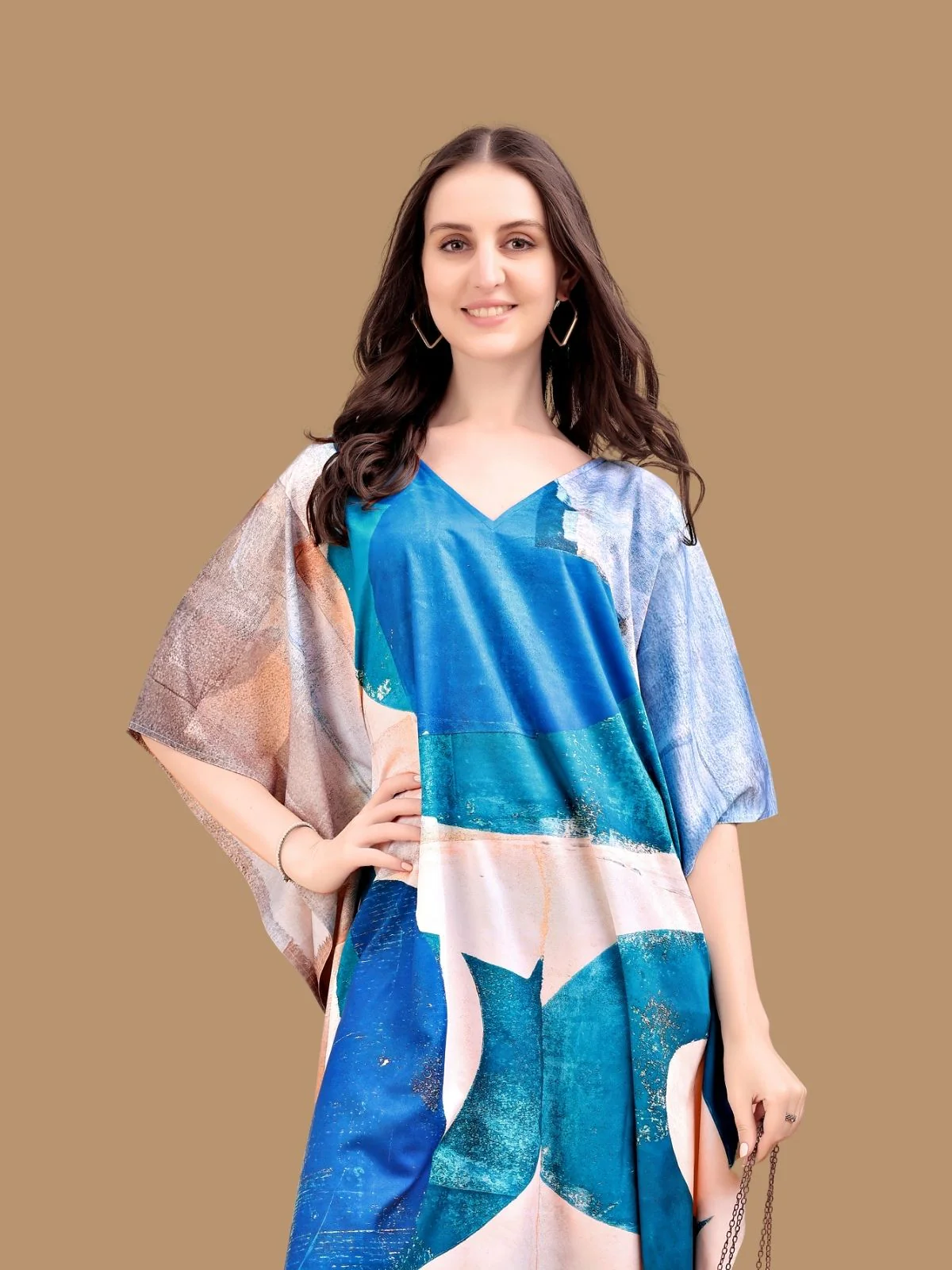 Odette Blue Crepe Printed Kaftan For Women - Image 4