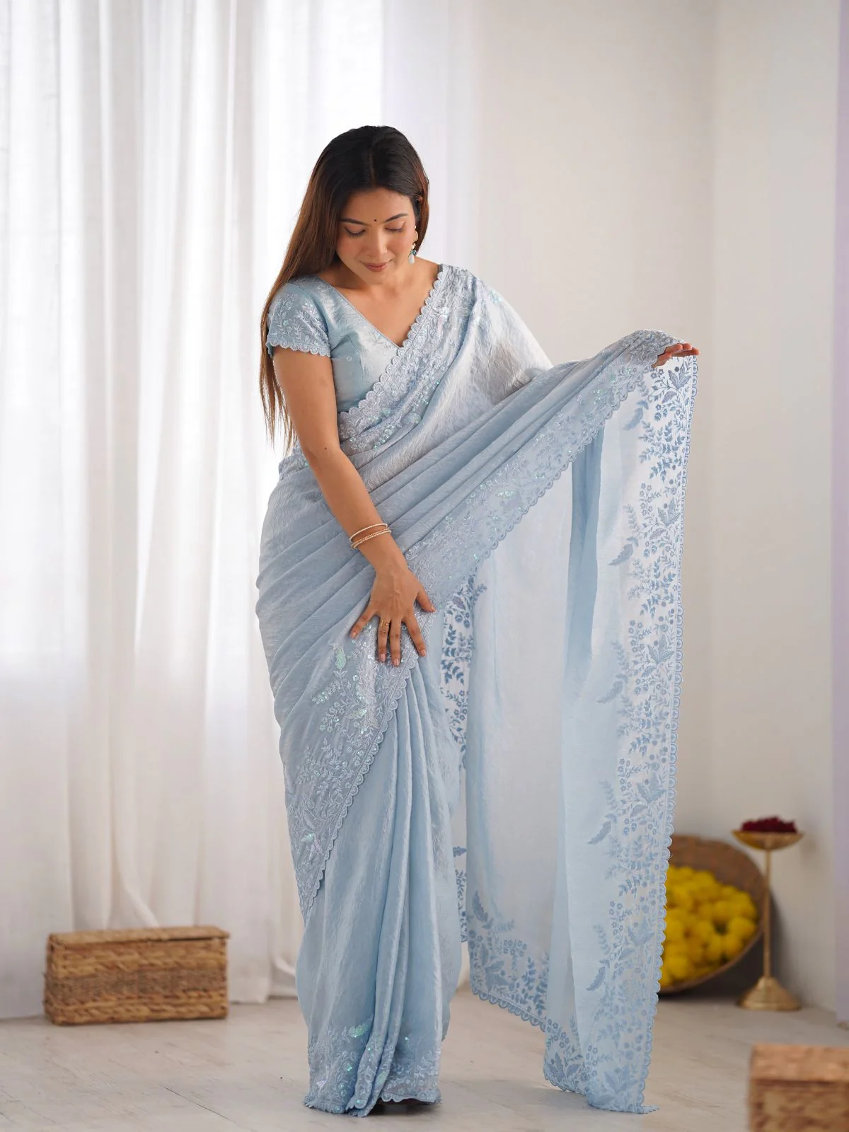 Odette Blue Crushed Tissue Embroidered Saree With Unstitched Blouse For Women - Image 3