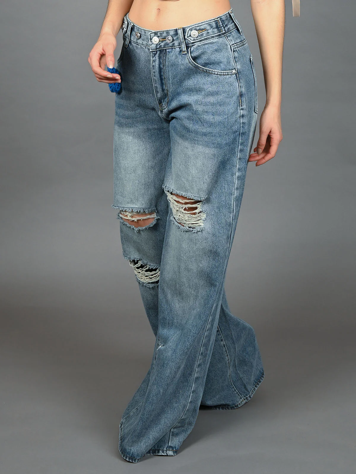 Odette Blue Denim Distressed Jeans For Women - Image 2