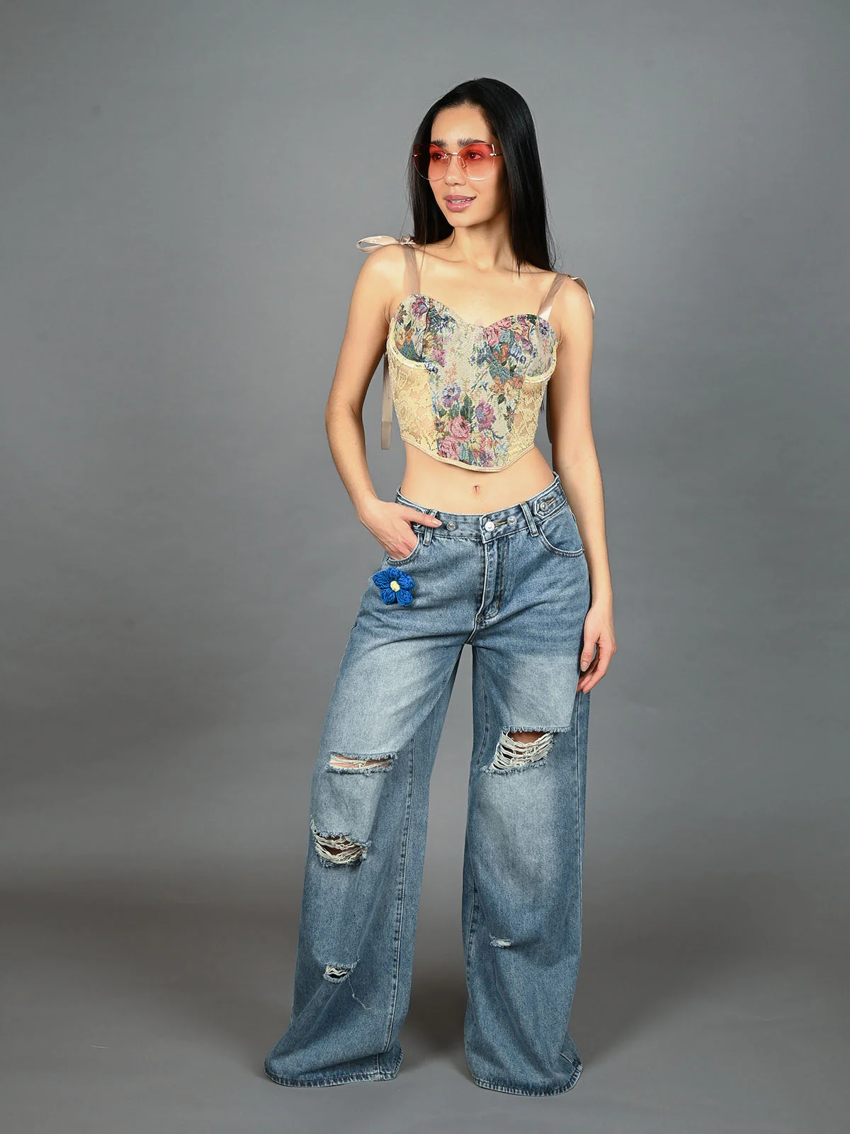 Odette Blue Denim Distressed Jeans For Women - Image 5
