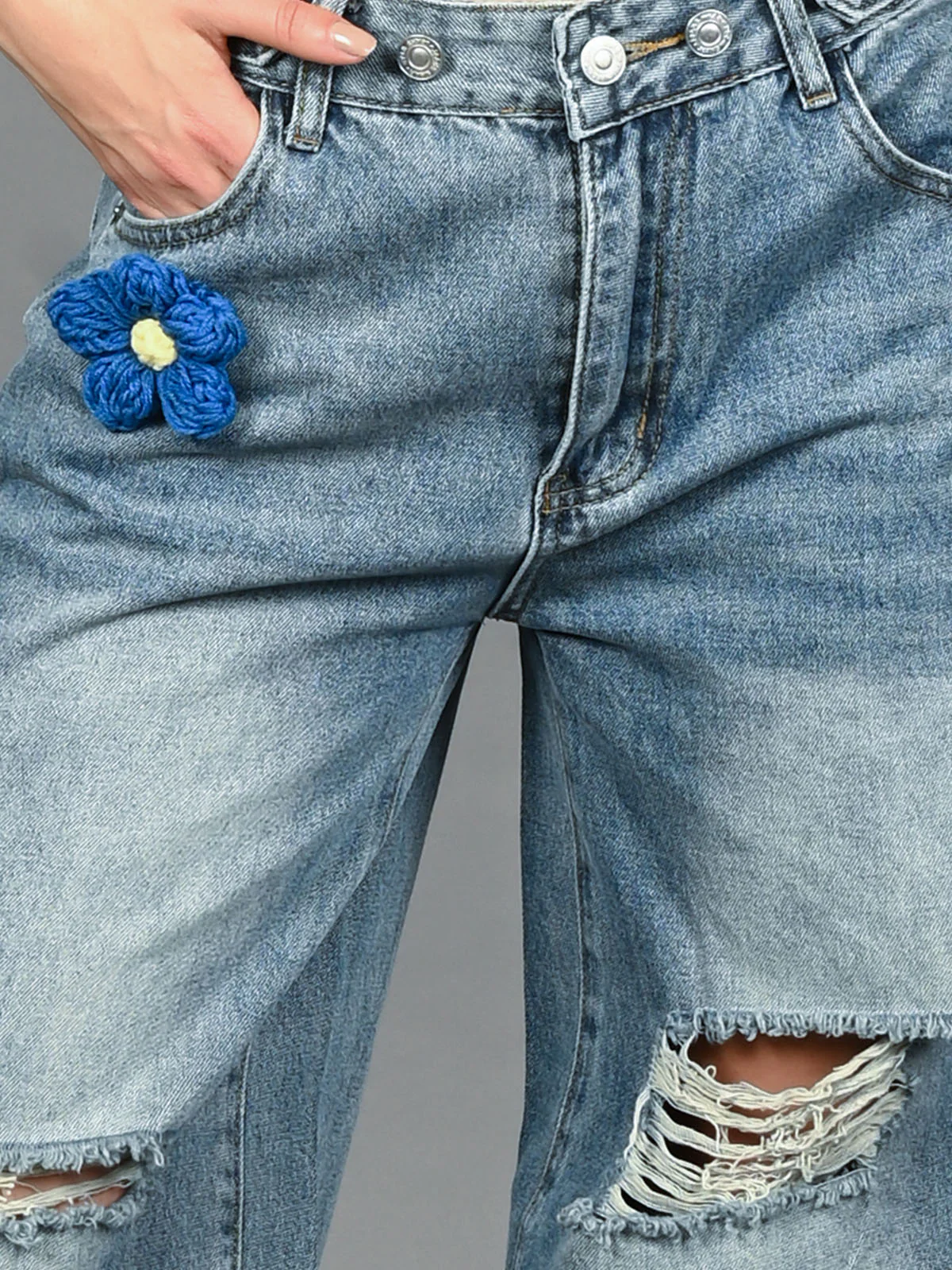 Odette Blue Denim Distressed Jeans For Women - Image 6