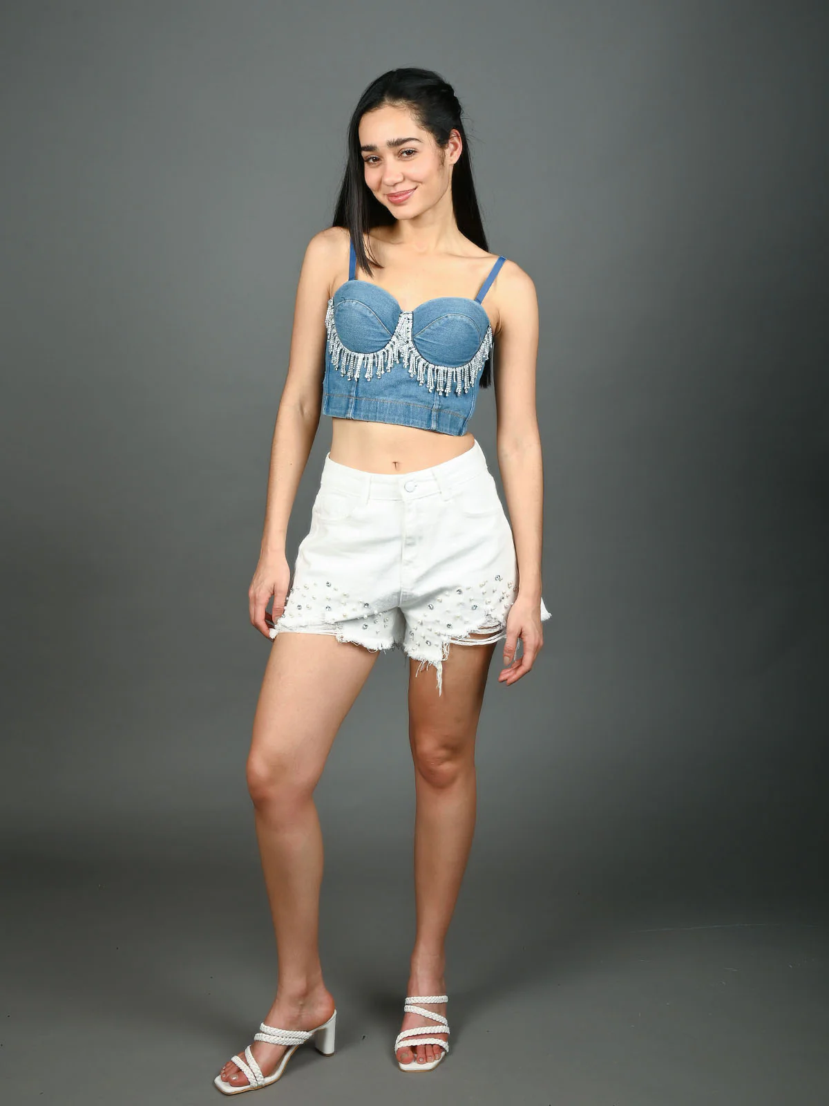 Odette Blue Denim Embellished Corset For Women - Image 6