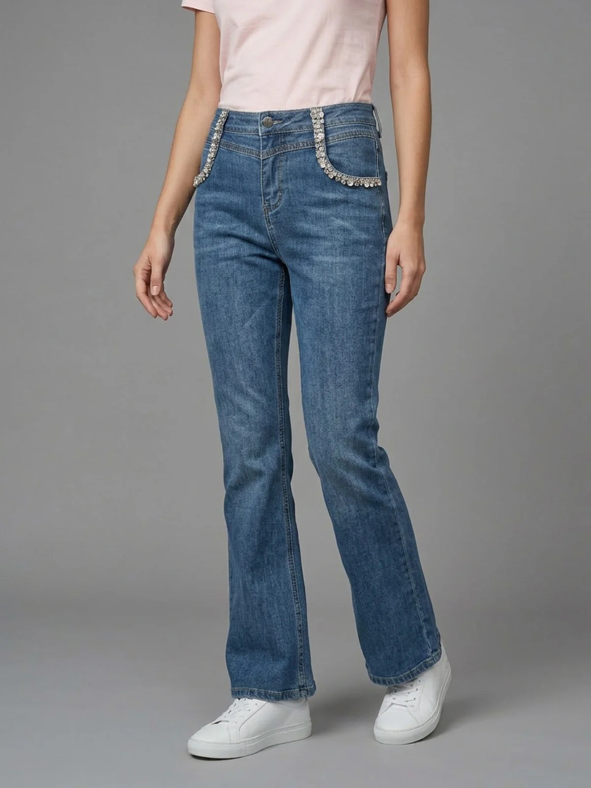 Odette Blue Denim Embellished Jeans For Women - Image 2