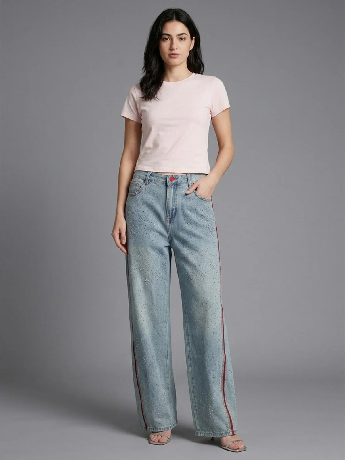 Odette Blue Denim Embellished Jeans For Women