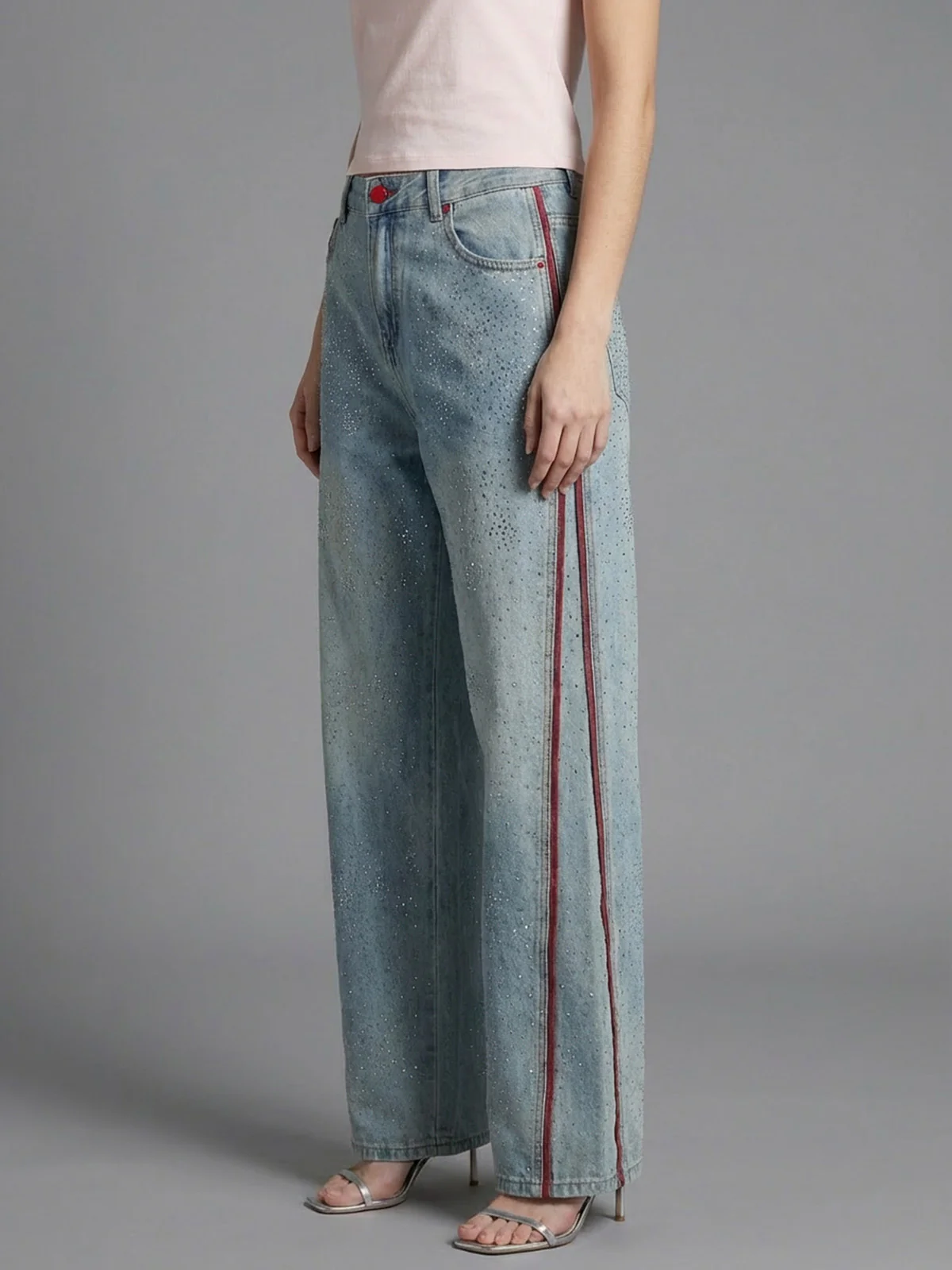 Odette Blue Denim Embellished Jeans For Women - Image 2