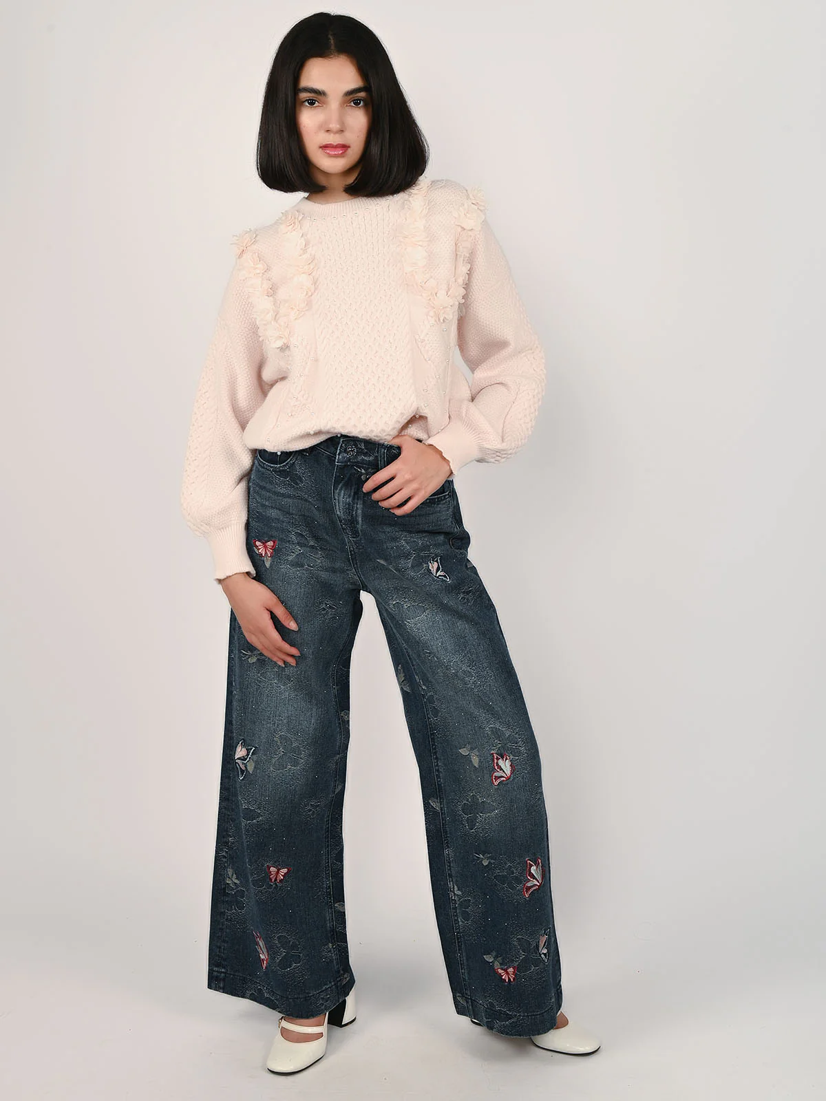 Odette Blue Denim Embroidered Jeans For Women - Image 5