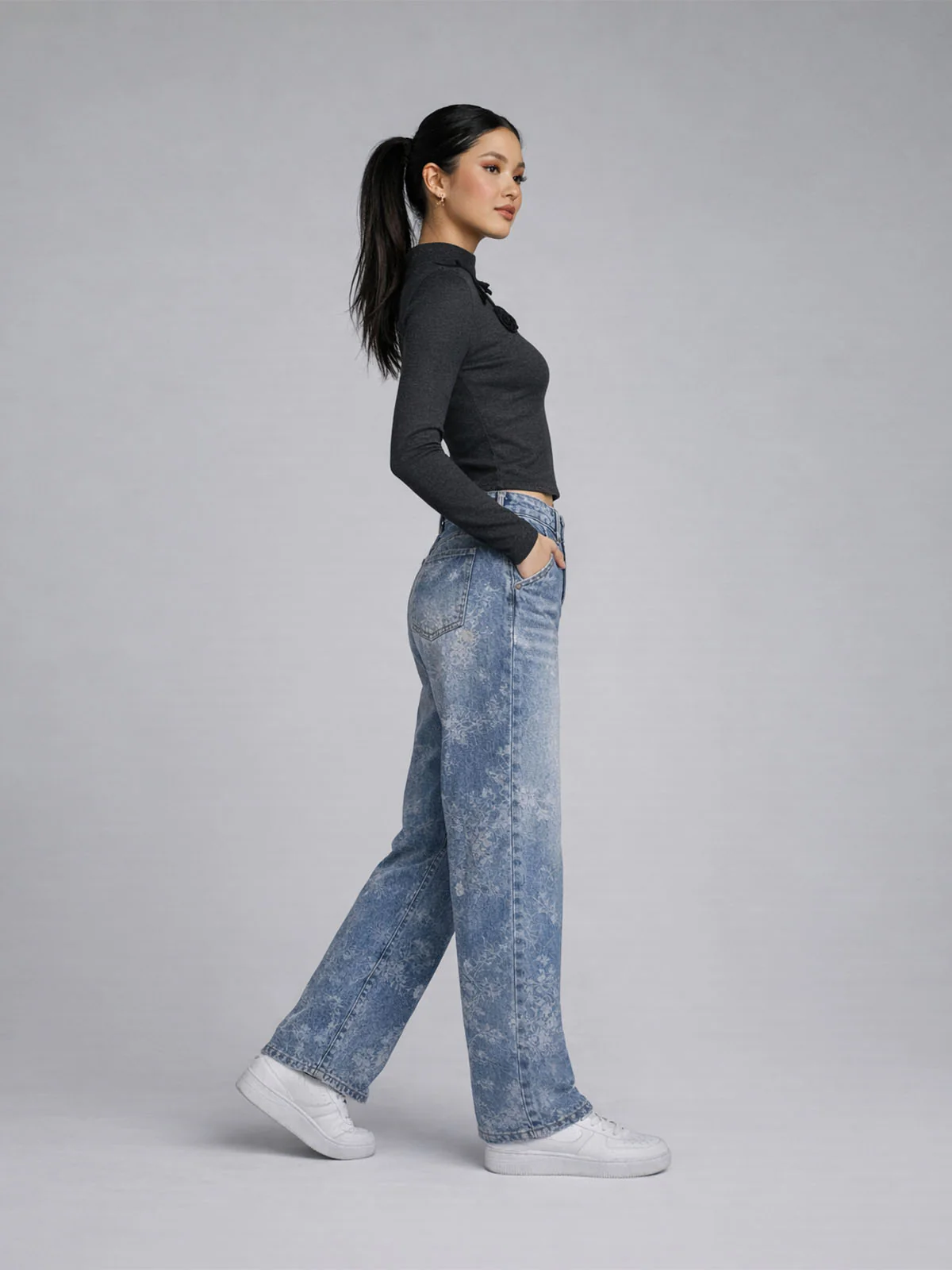 Odette Blue Denim Self Design Jeans For Women - Image 2