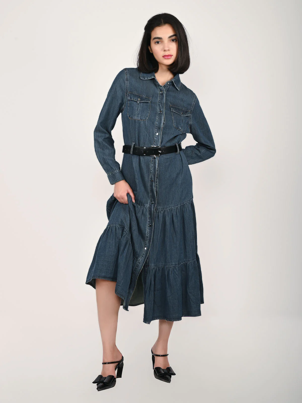 Odette Blue Denim Solid Dress For Women