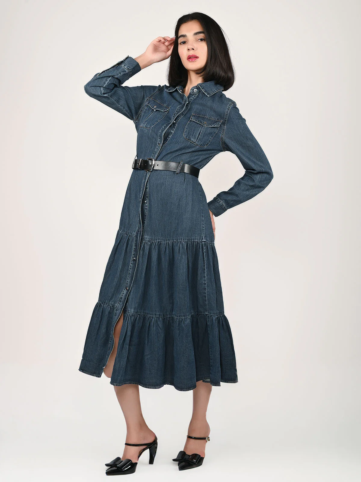 Odette Blue Denim Solid Dress For Women - Image 2