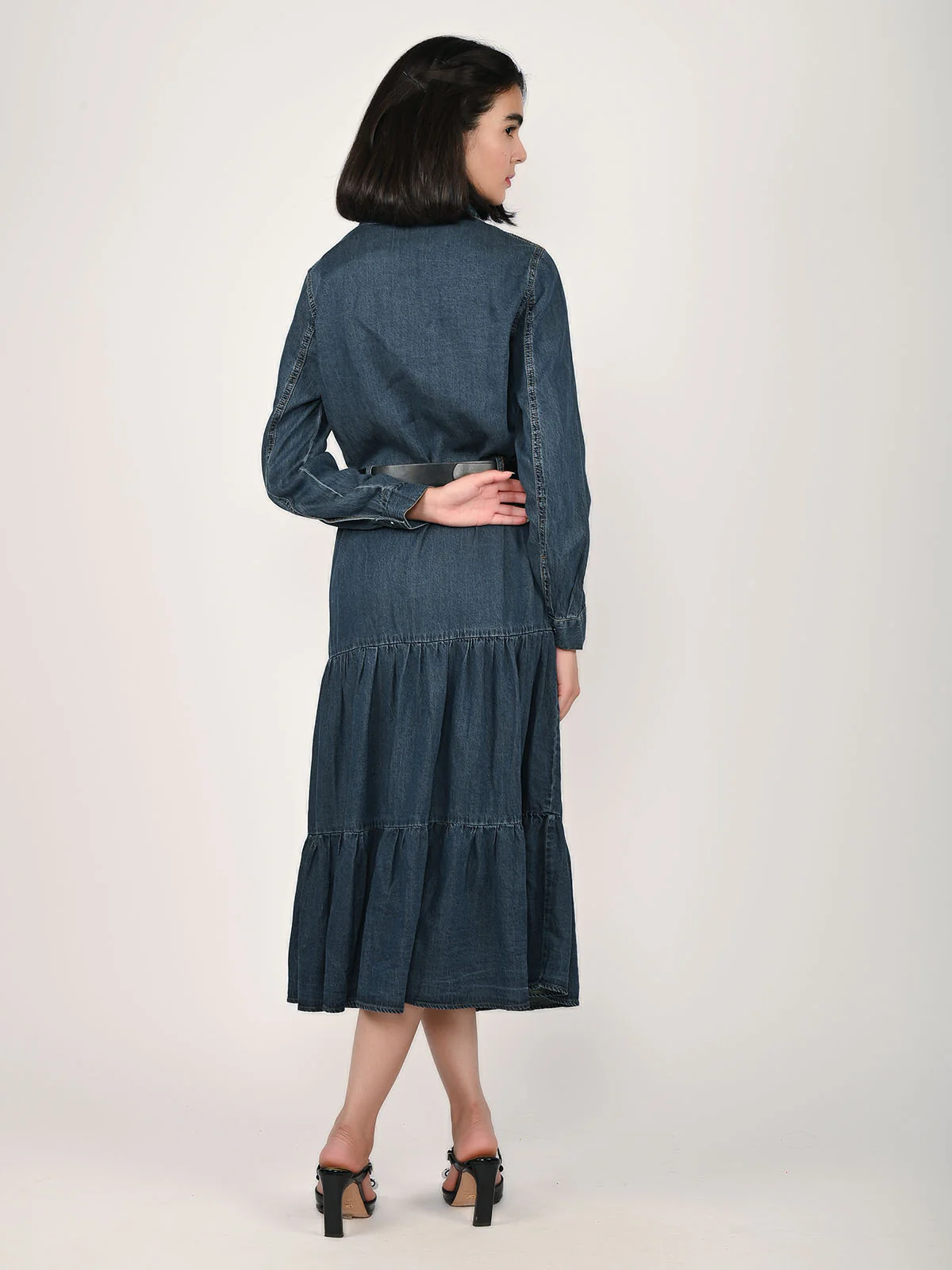 Odette Blue Denim Solid Dress For Women - Image 4