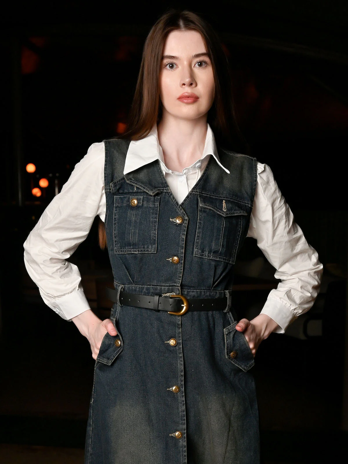 Odette Blue Denim Solid Dress For Women - Image 4