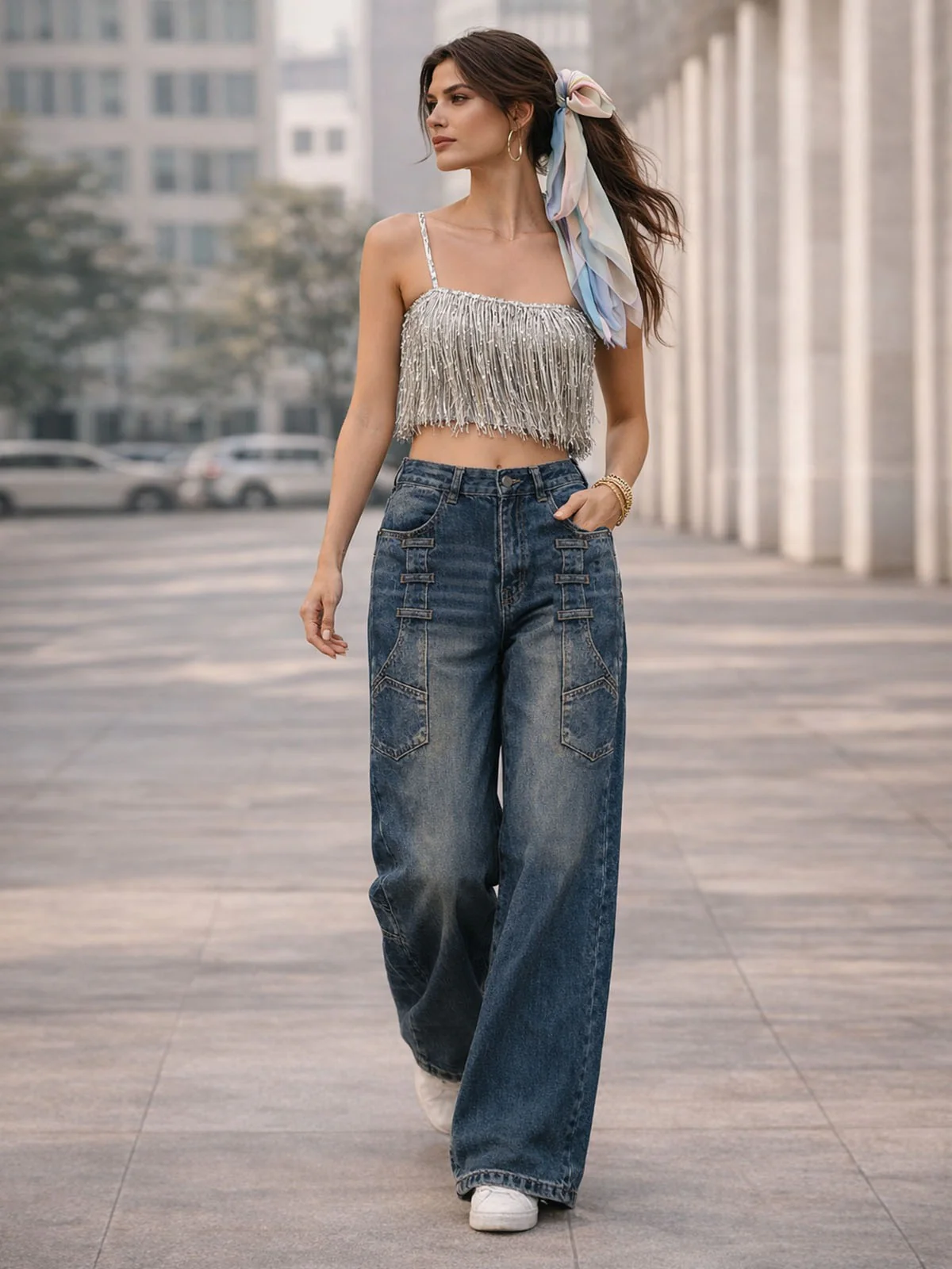 Odette Blue Denim Solid Jeans For Women