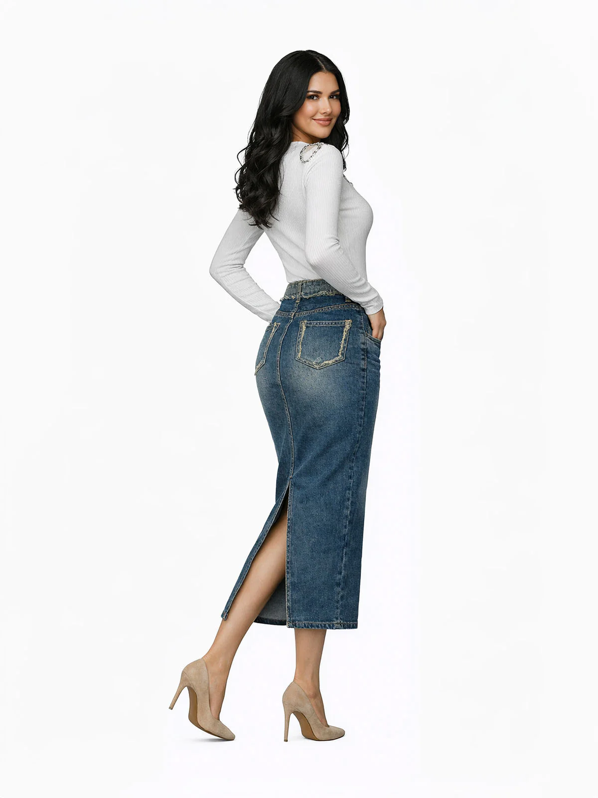 Odette Blue Denim Solid Skirt For Women - Image 2