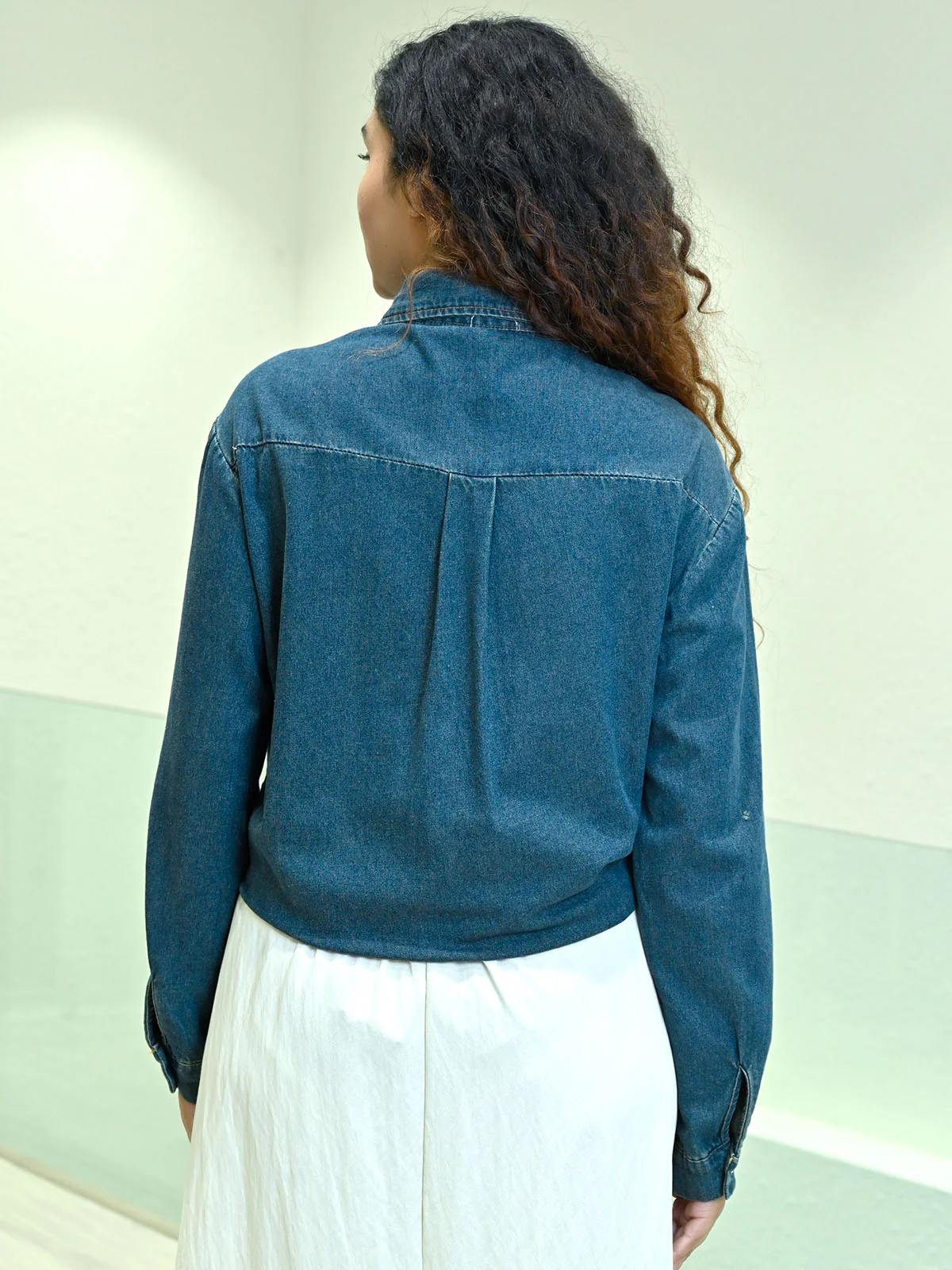 Odette Blue Denim Solid Top For Women - Image 3
