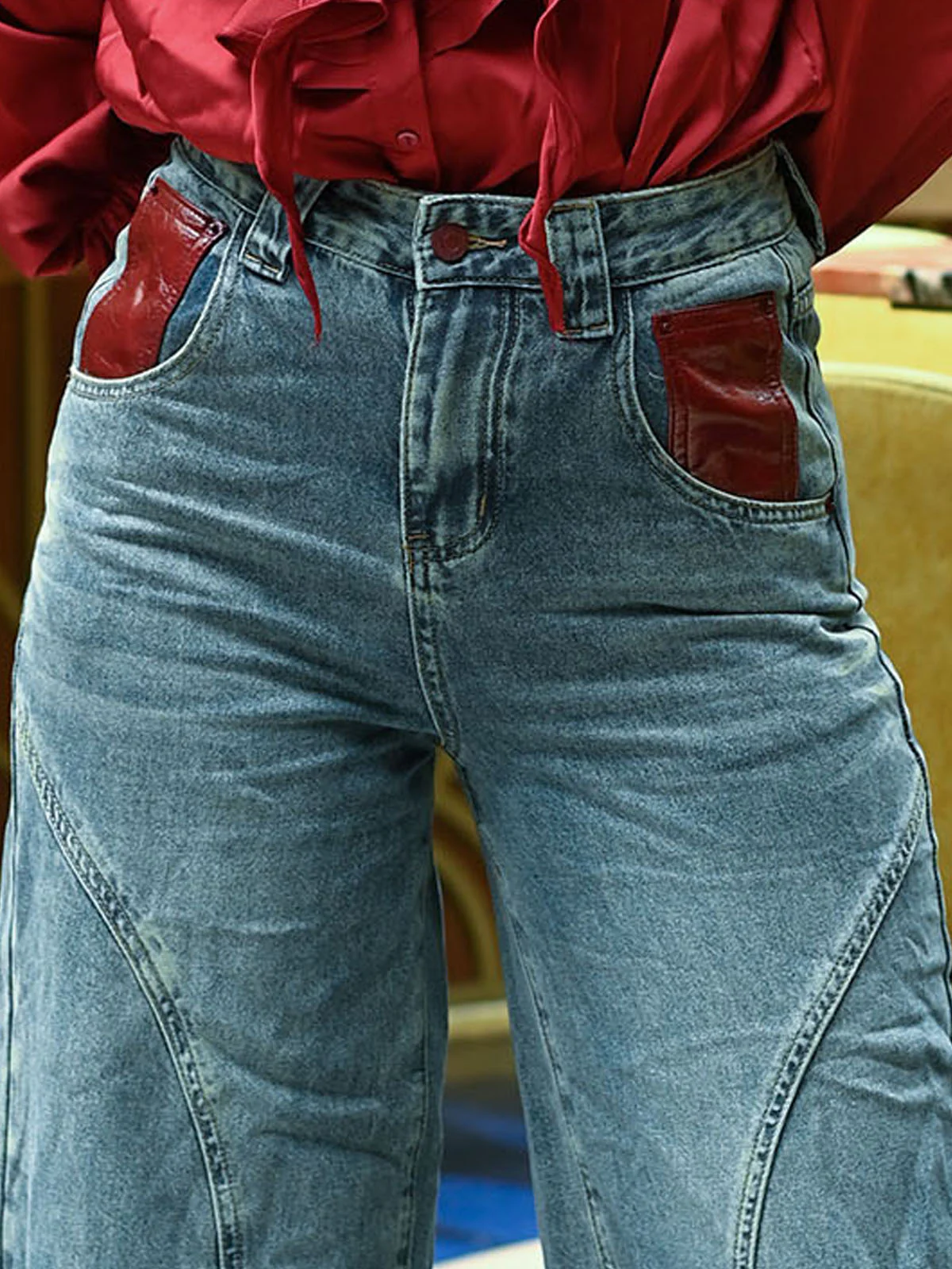 Odette Blue Denim Solid Trouser For Women - Image 5