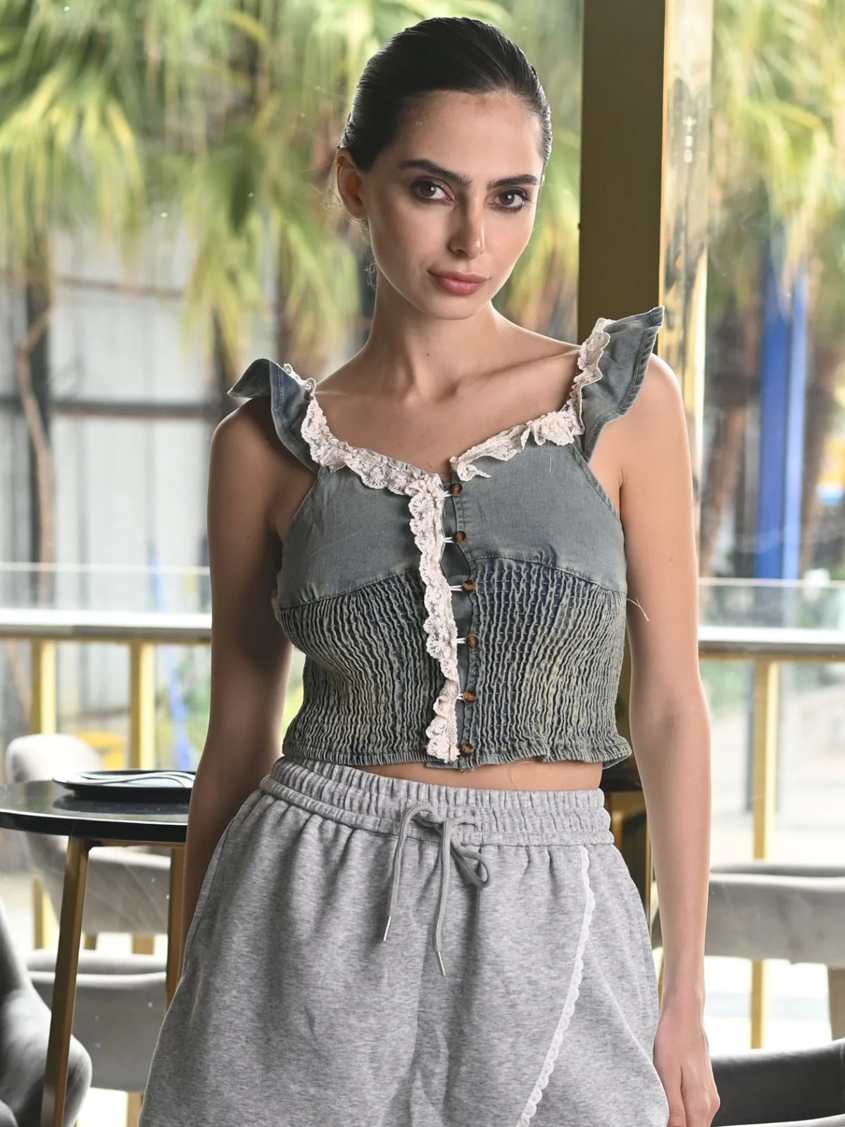 Odette Blue Denim Washed Embellished Top For Women