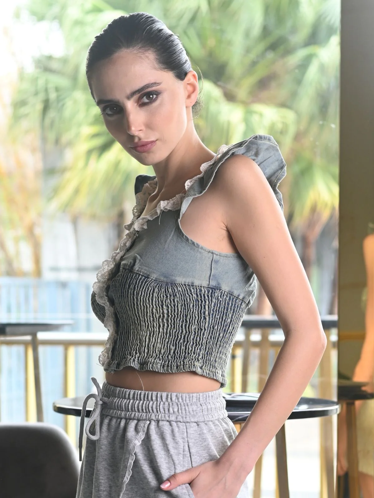 Odette Blue Denim Washed Embellished Top For Women - Image 3