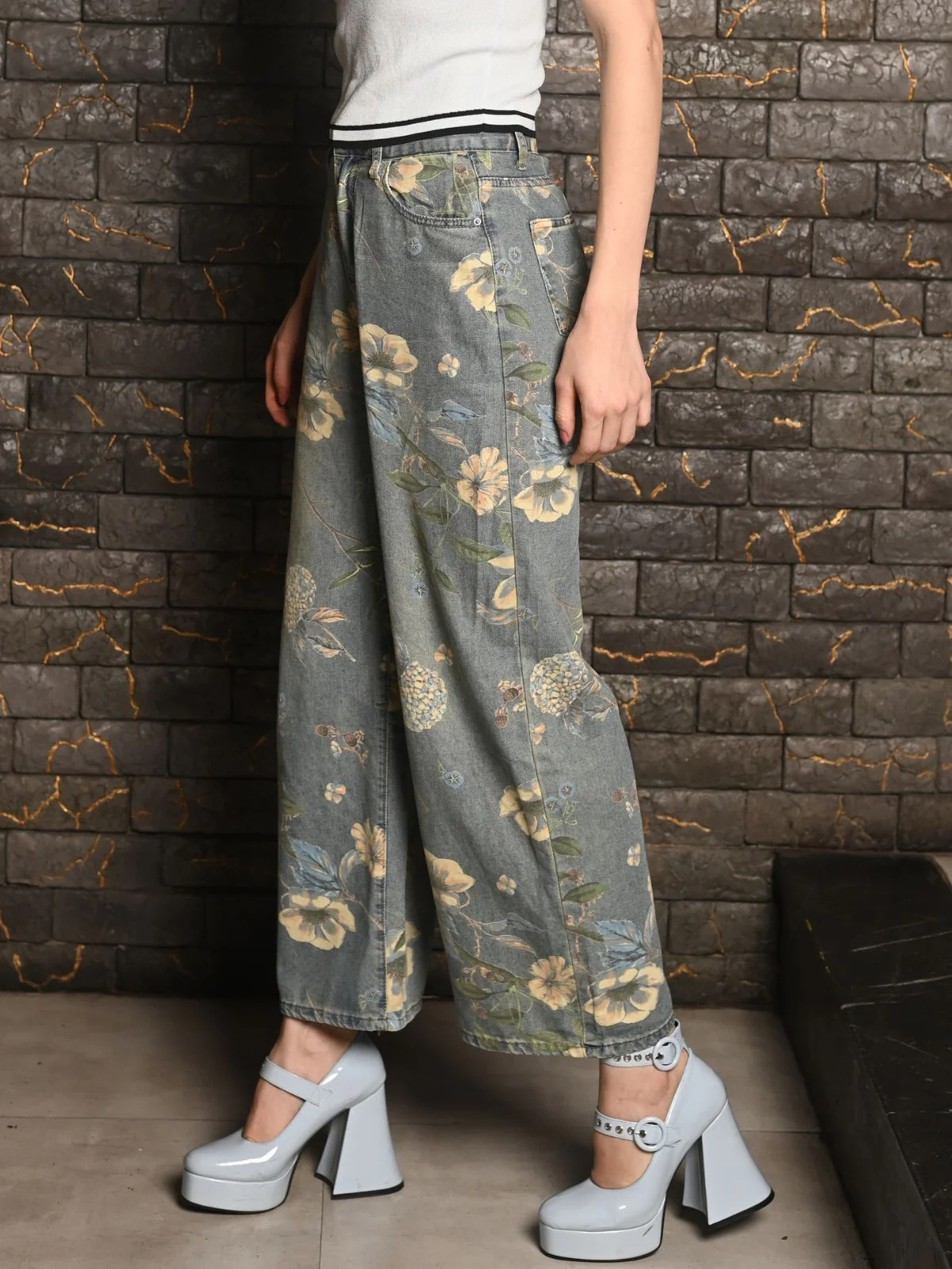 Odette Blue Washed Denim Printed Pant for Women - Image 3