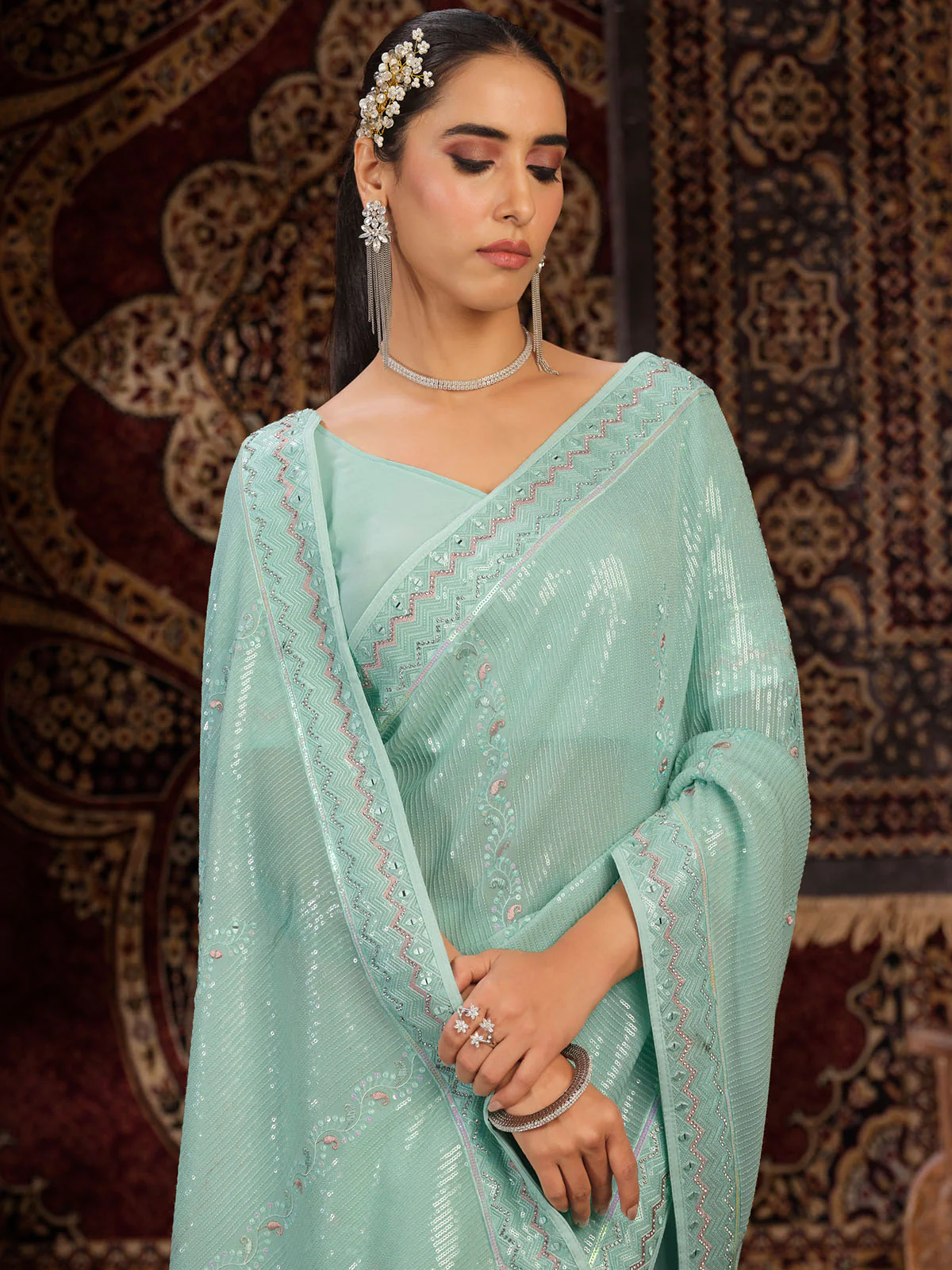 Odette Blue Embellished Georgette Saree With unstitched Blouse For Women - Image 3