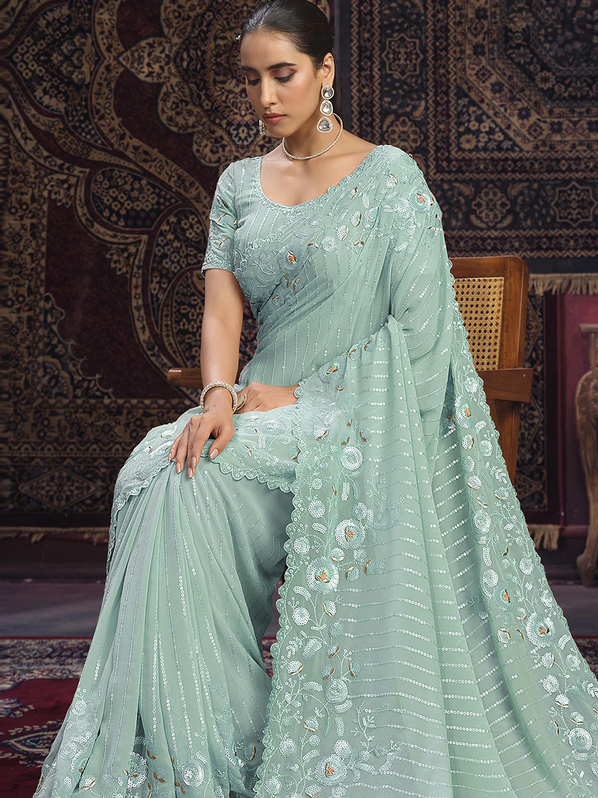 Odette Blue Embellished Georgette Saree With unstitched Blouse For Women - Image 2