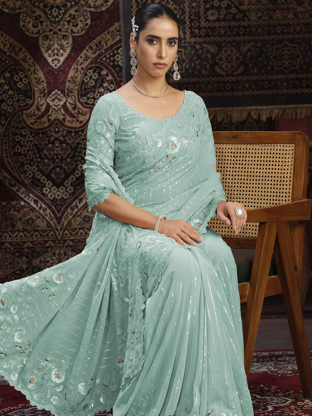Odette Blue Embellished Georgette Saree With unstitched Blouse For Women - Image 3