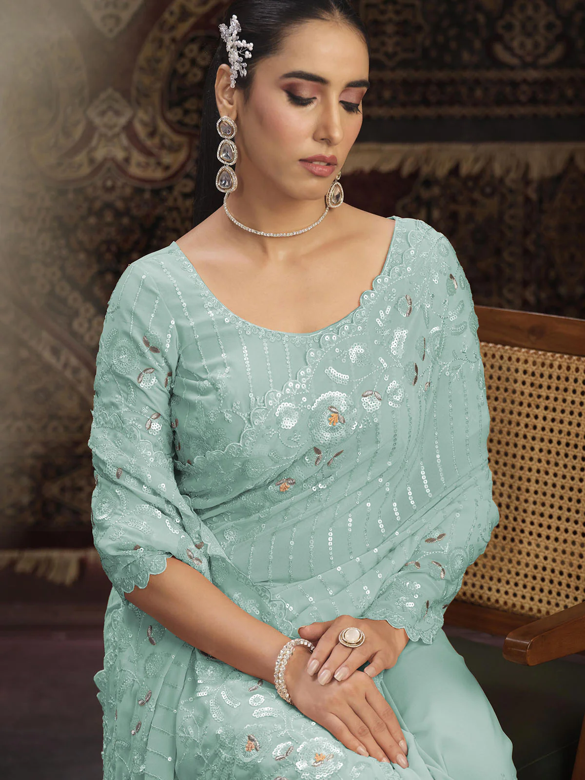 Odette Blue Embellished Georgette Saree With unstitched Blouse For Women - Image 4