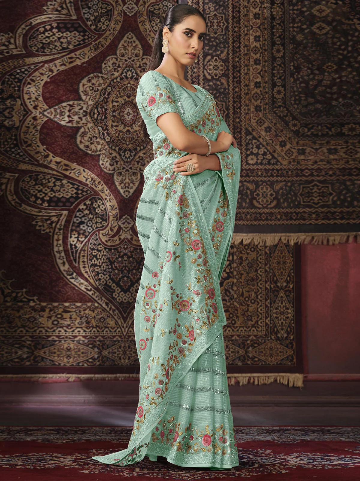 Odette Blue Embellished Georgette Saree With unstitched Blouse For Women - Image 2
