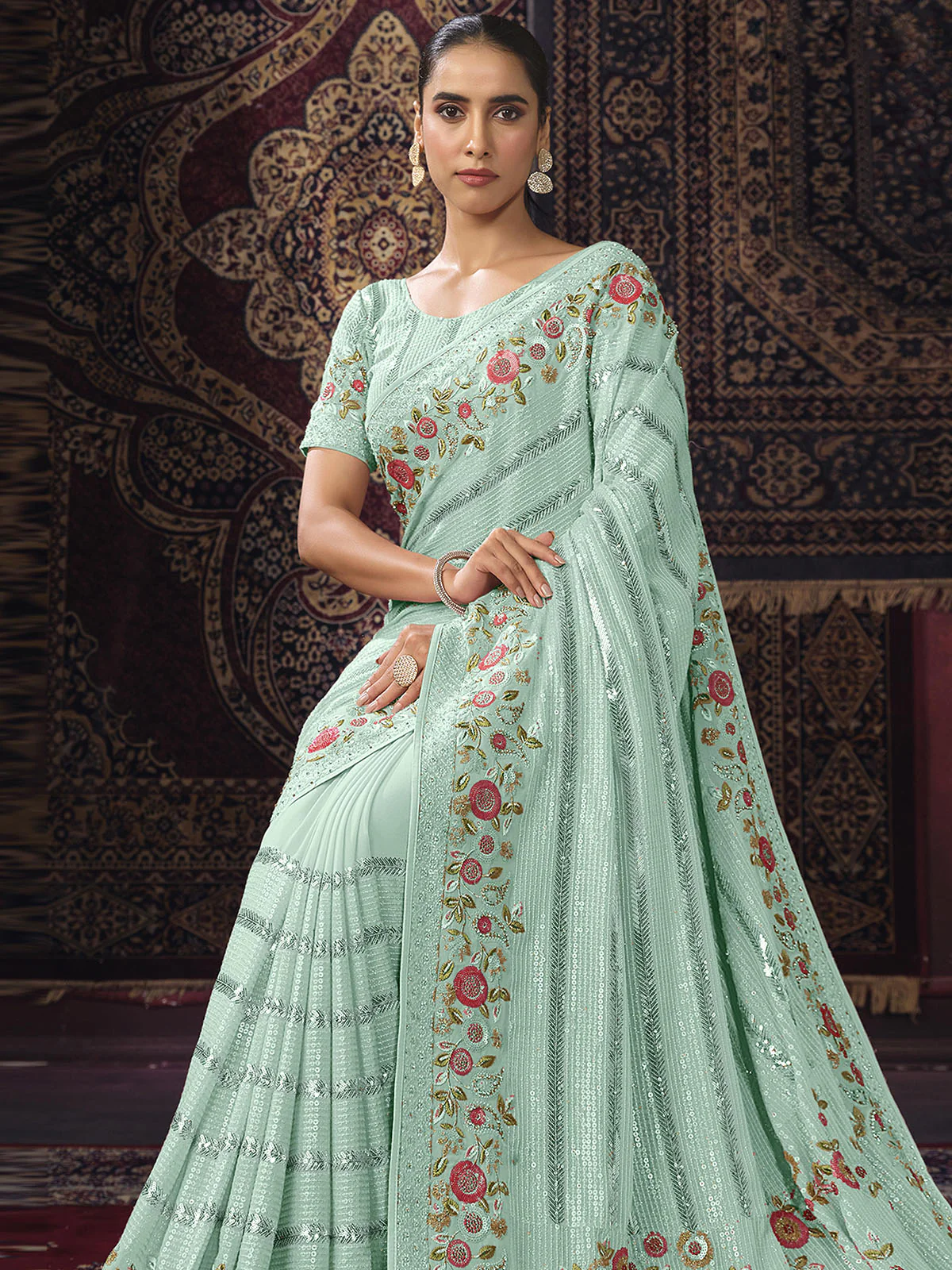 Odette Blue Embellished Georgette Saree With unstitched Blouse For Women - Image 3