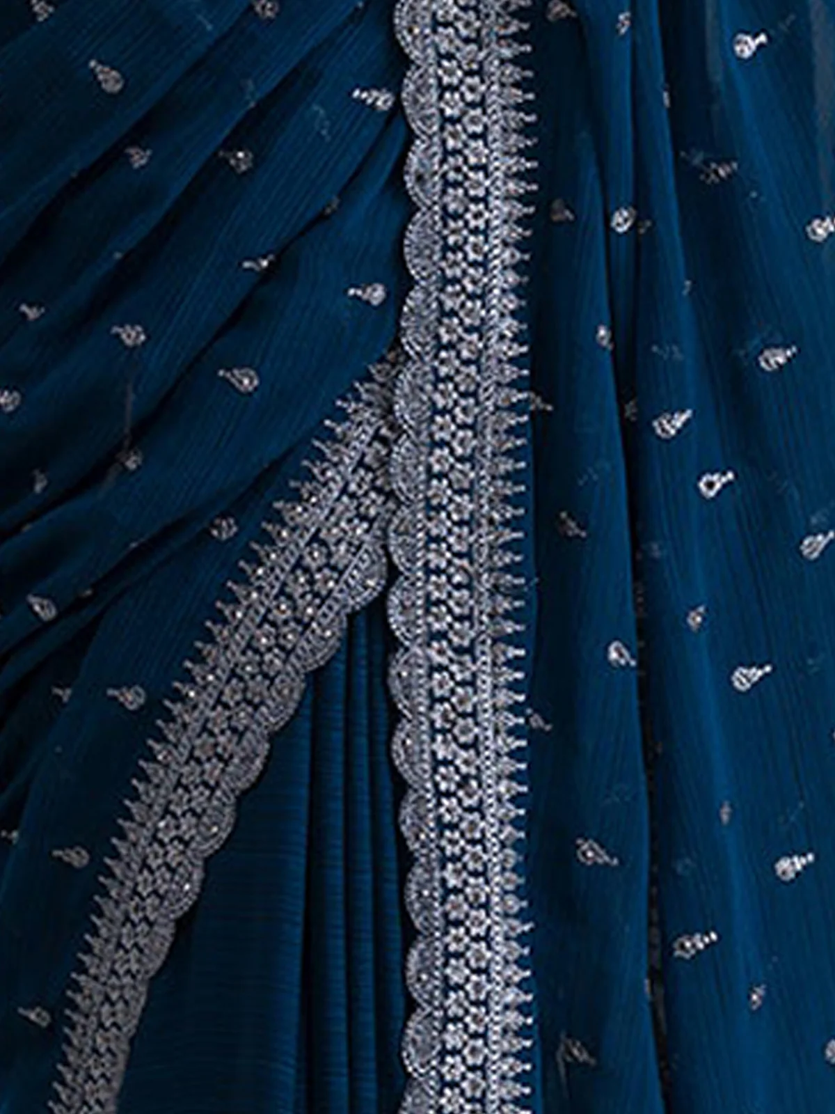 Odette Blue Embroidered Chiffon Saree With Unstitched Blouse For Women - Image 7