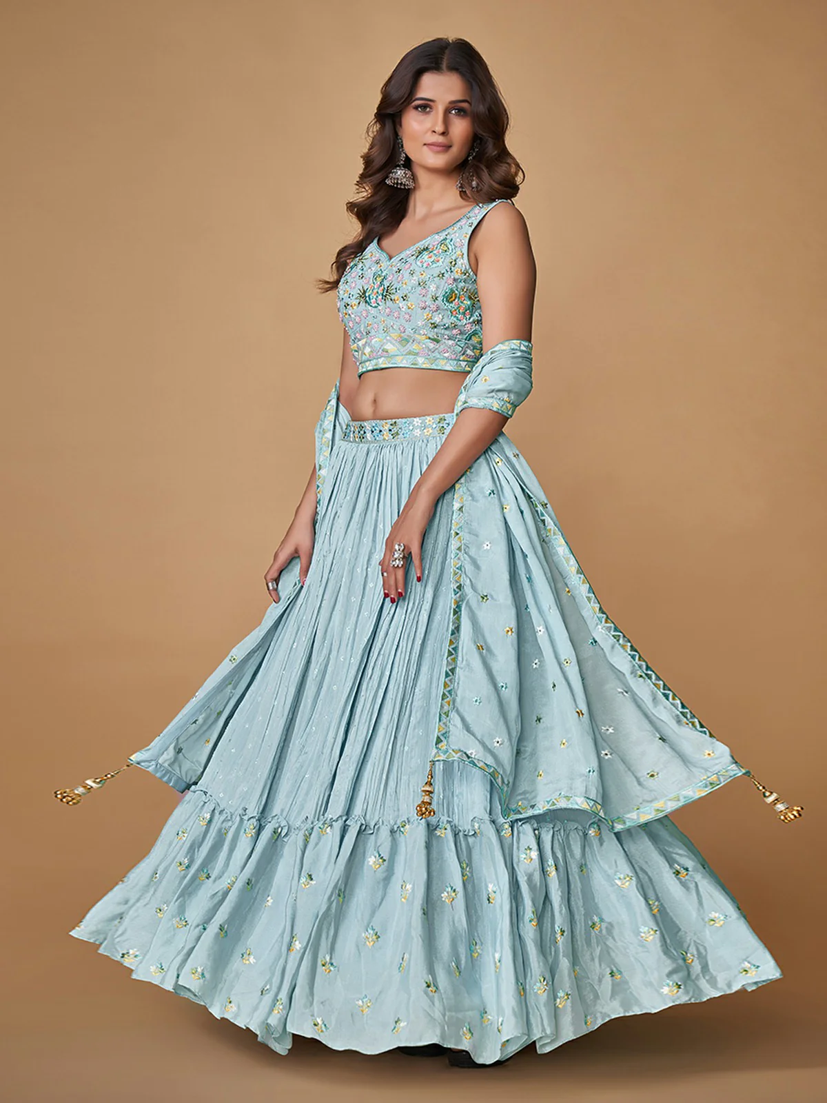 Odette Blue Embroidered Chiffon Stitched Lehenga With Blouse For Women - Image 3