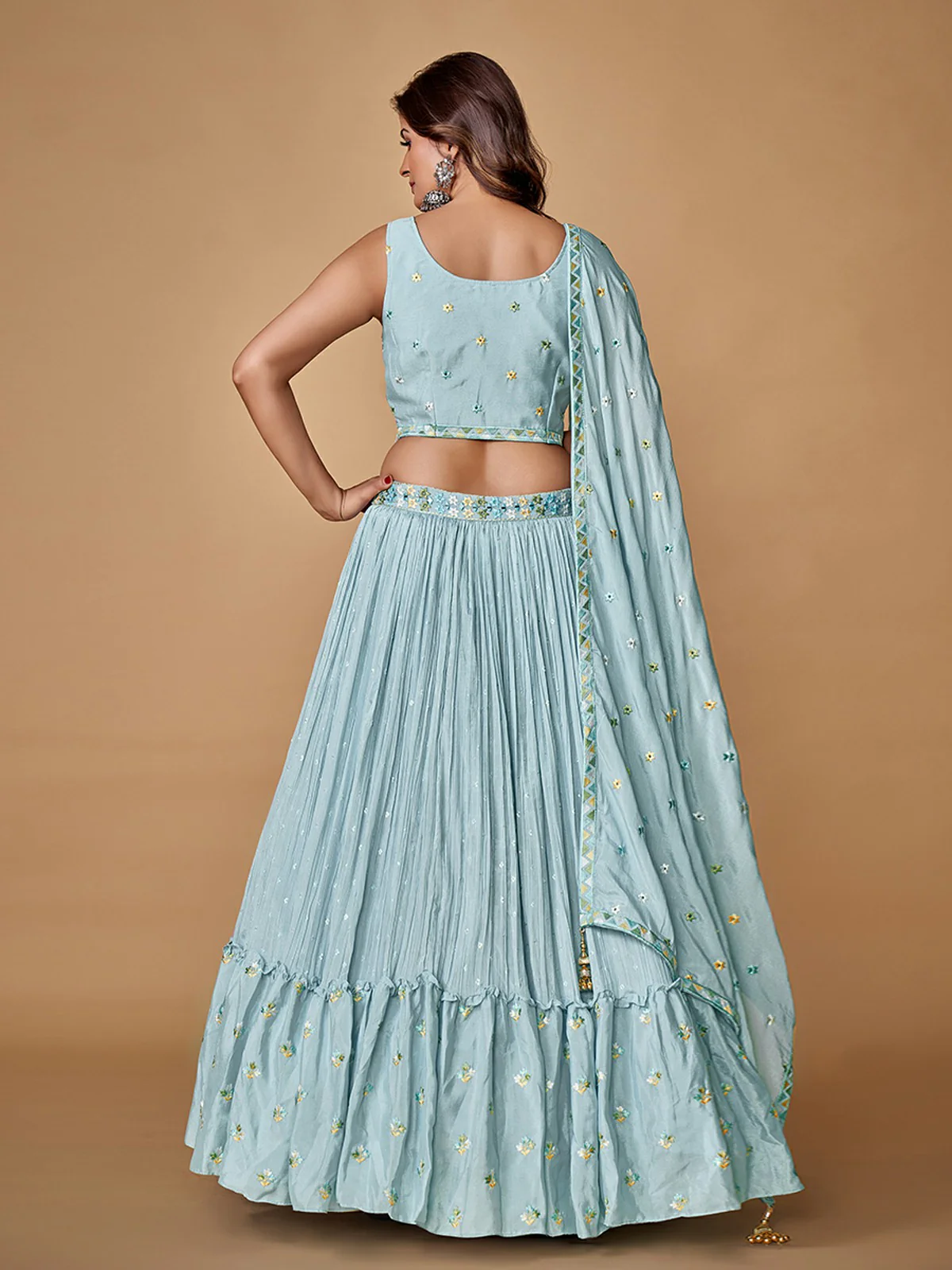 Odette Blue Embroidered Chiffon Stitched Lehenga With Blouse For Women - Image 5