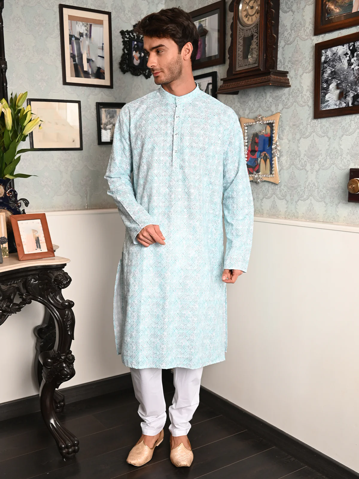Odette Blue Embroidered Cotton Traditional Kurta Set For Men - Image 3