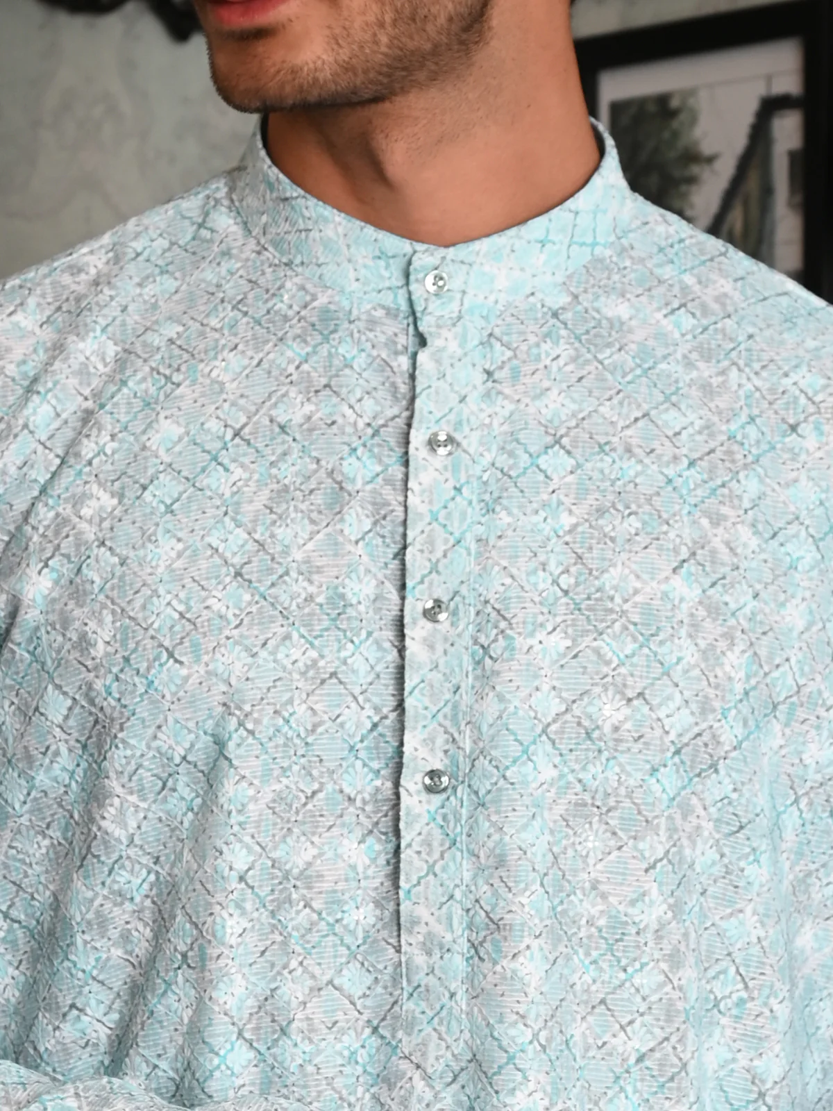 Odette Blue Embroidered Cotton Traditional Kurta Set For Men - Image 5