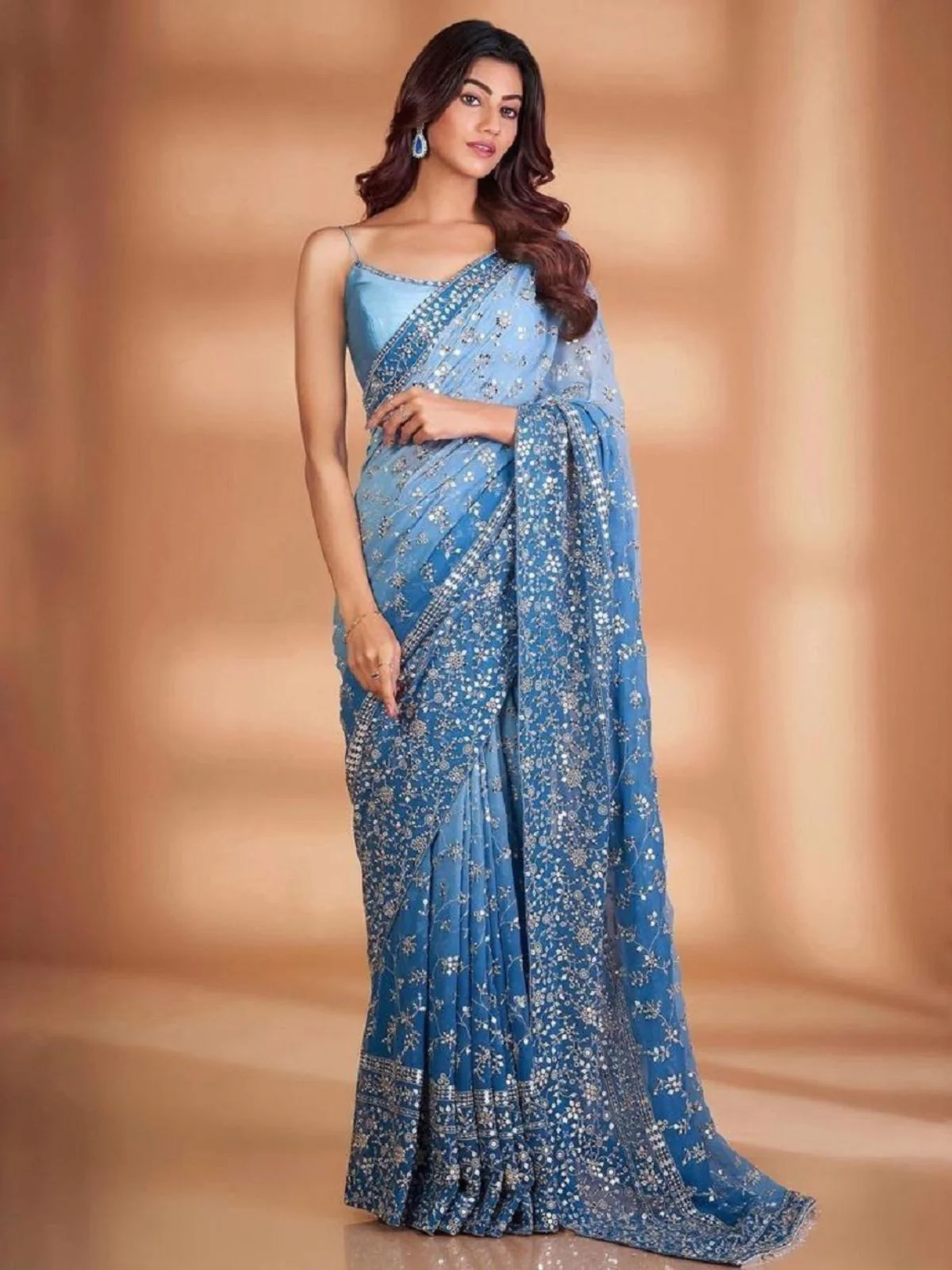 Odette Blue Embroidered Georgette Saree With Unstitched Blouse For Women - Image 2