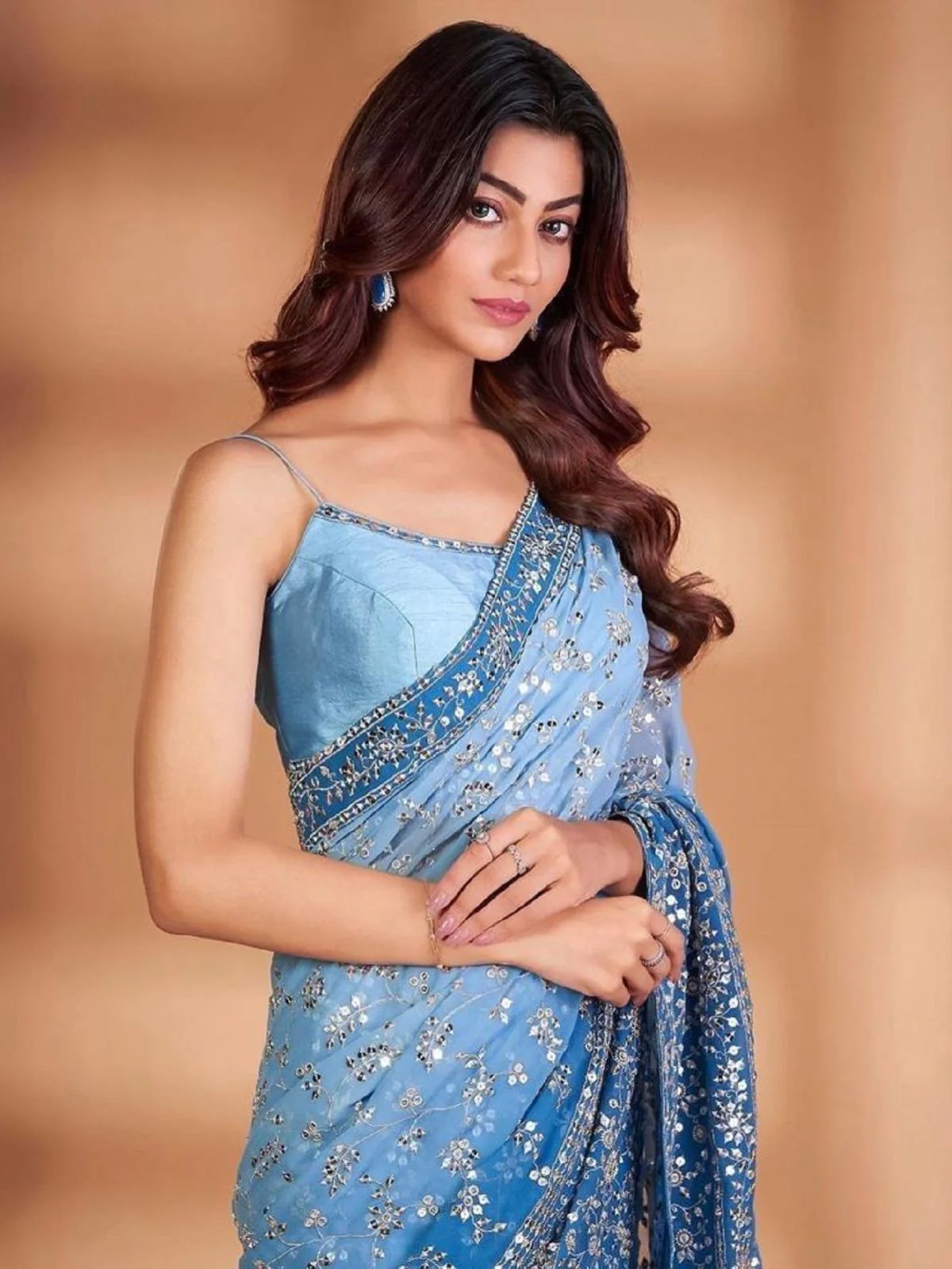 Odette Blue Embroidered Georgette Saree With Unstitched Blouse For Women - Image 3