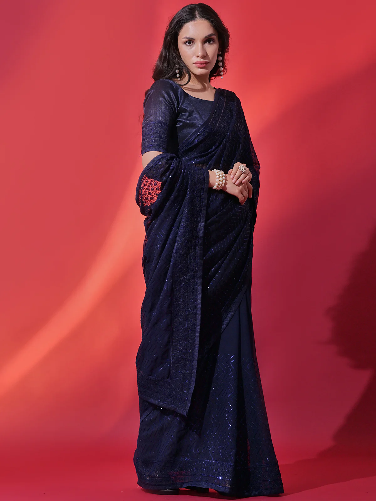 Odette Blue Embellished Georgette Saree With Unstitched Blouse For Women - Image 2