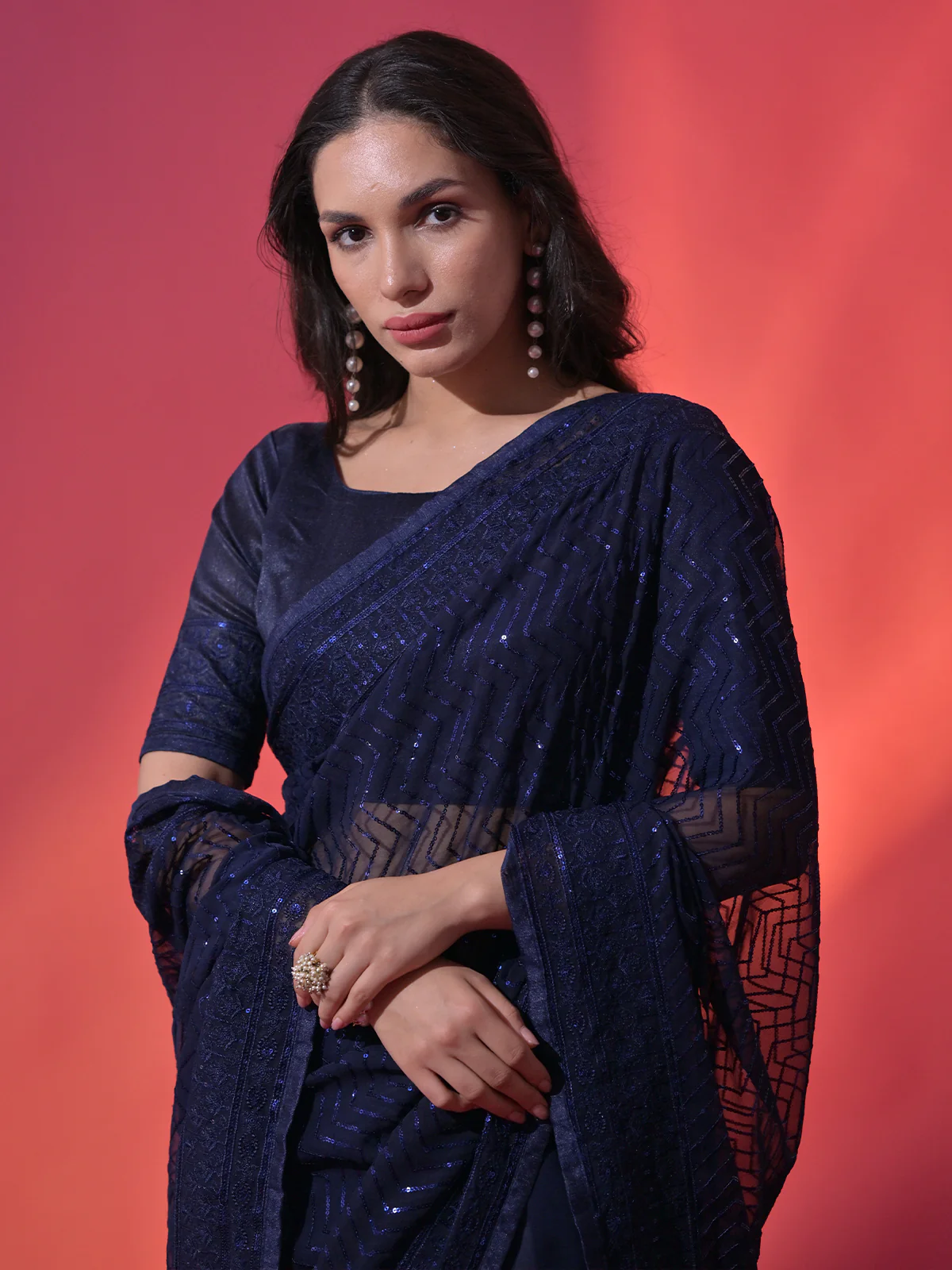 Odette Blue Embellished Georgette Saree With Unstitched Blouse For Women - Image 5
