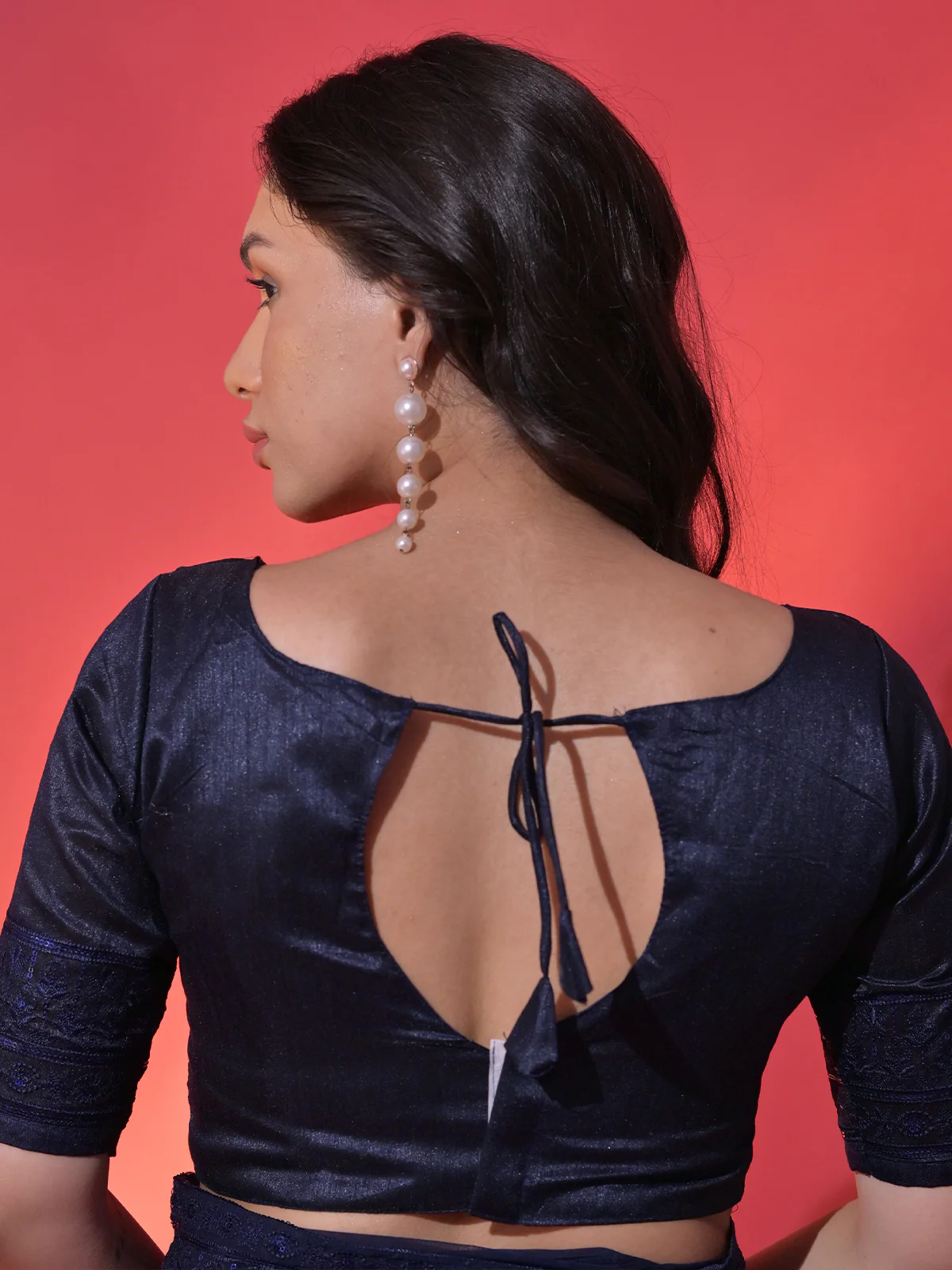 Odette Blue Embellished Georgette Saree With Unstitched Blouse For Women - Image 7
