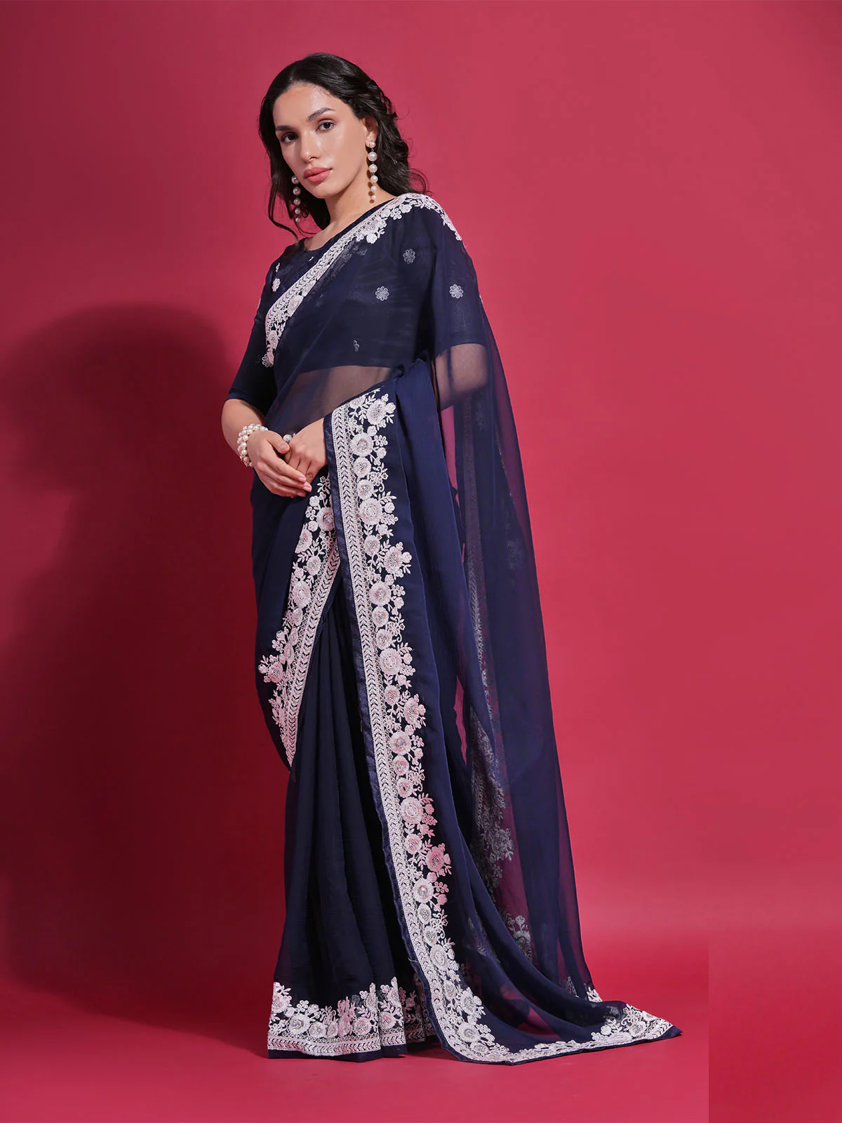 Odette Blue Embroidered Georgette Saree With Unstitched Blouse For Women - Image 2