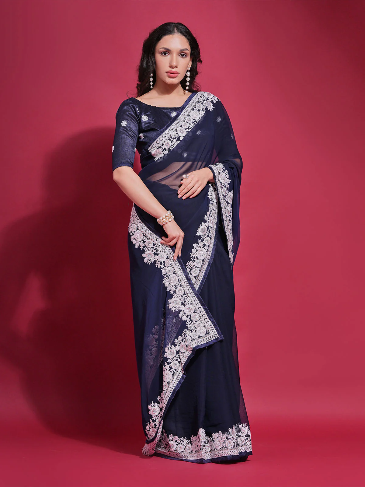 Odette Blue Embroidered Georgette Saree With Unstitched Blouse For Women - Image 3