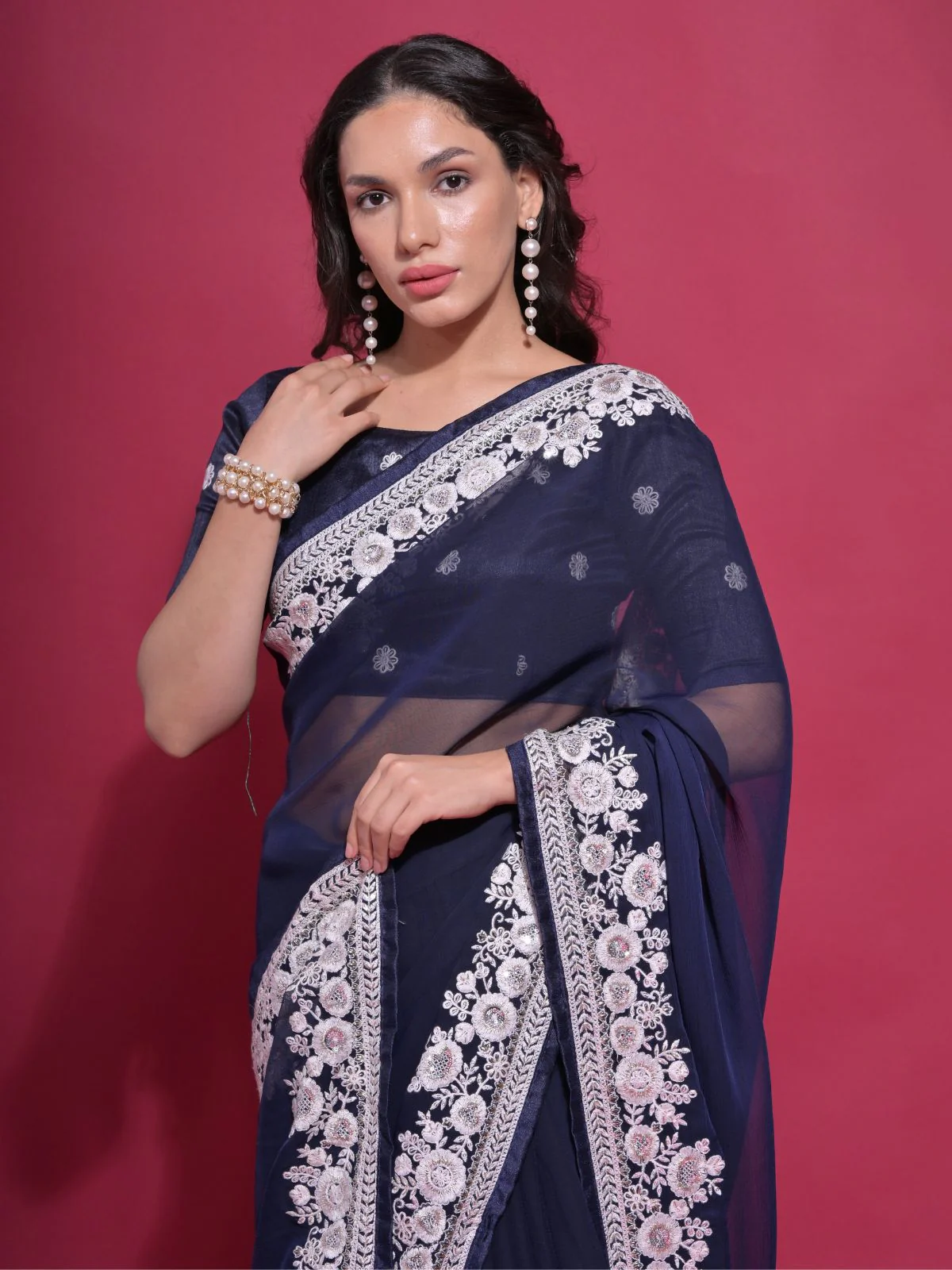 Odette Blue Embroidered Georgette Saree With Unstitched Blouse For Women - Image 4