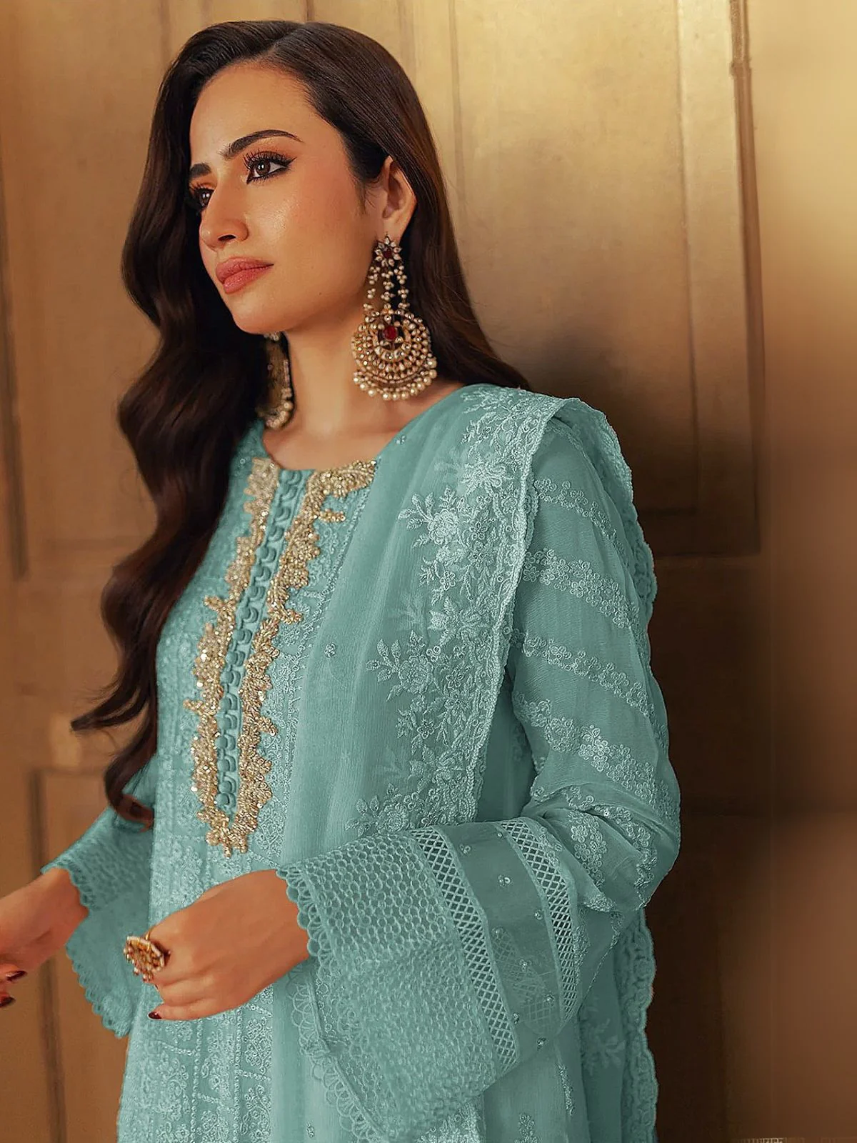 Odette Blue Embroidered Georgette Semi-Stitched Kurta Set For Women - Image 2