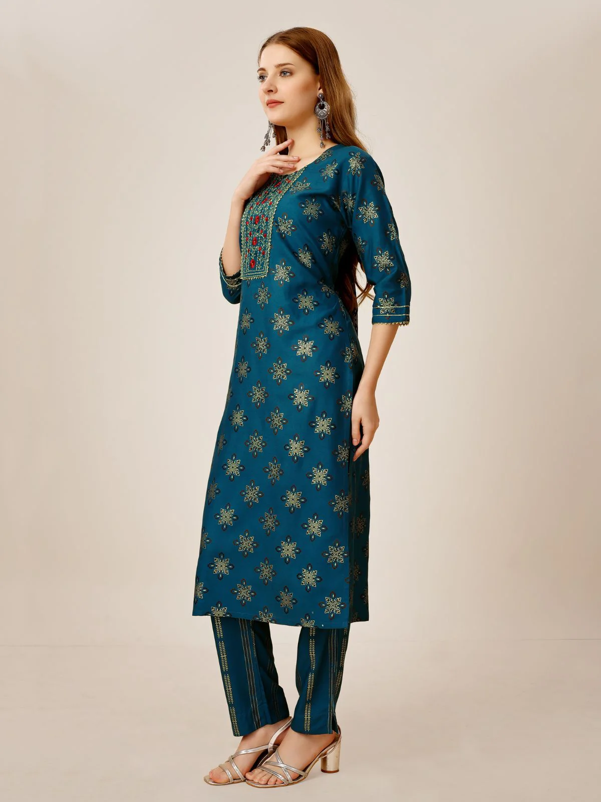 Odette Blue Embroidered Rayon Stitched Kurta Set For Women - Image 3