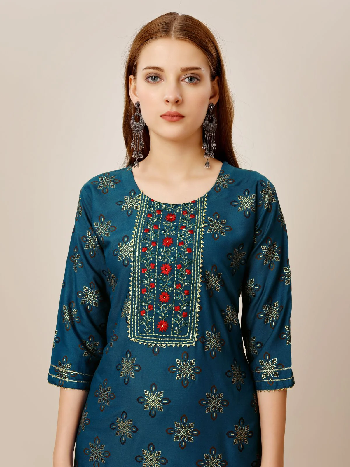 Odette Blue Embroidered Rayon Stitched Kurta Set For Women - Image 4
