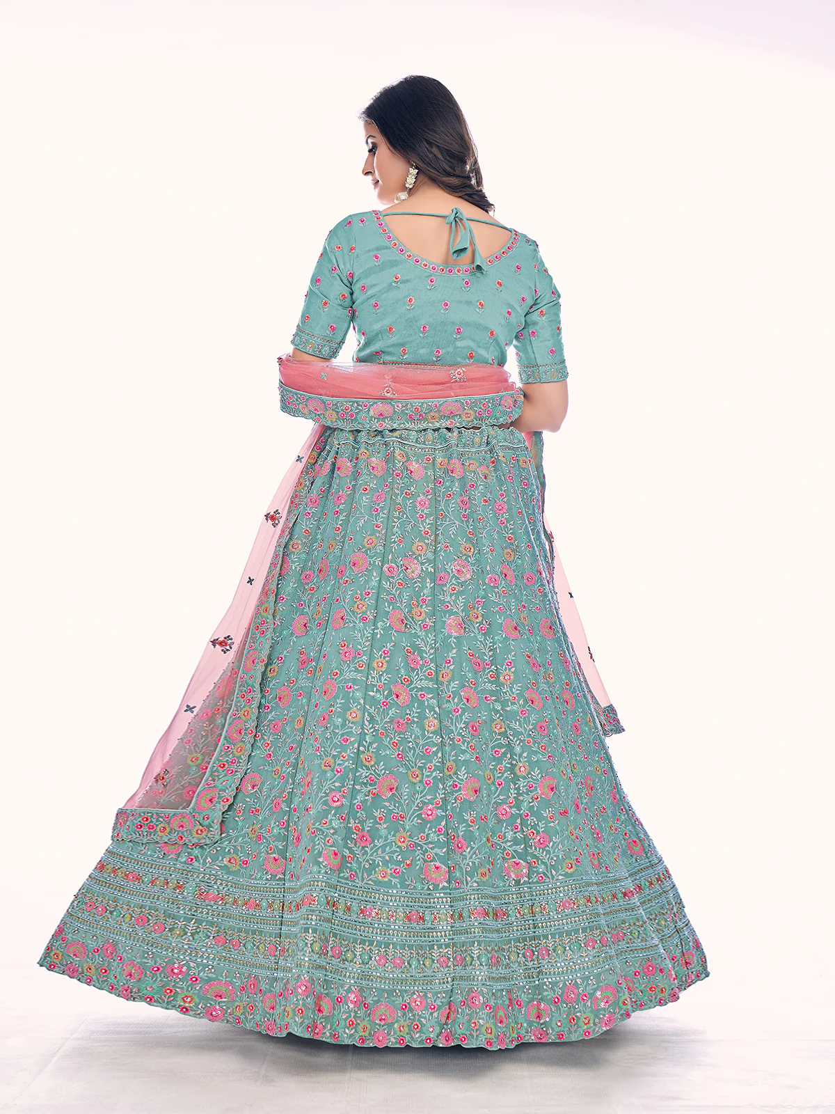 Odette Blue Embroidered Silk Blend Semi Stitched Lehenga With Blouse For Women - Image 4